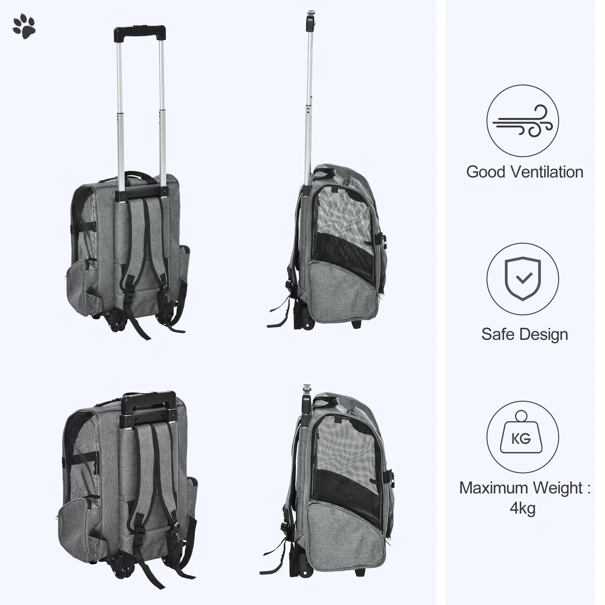 PawHut Pet Travel Backpack Bag Cat Puppy Dog Carrier w/ Trolley and Telescopic Wheel - Image 7