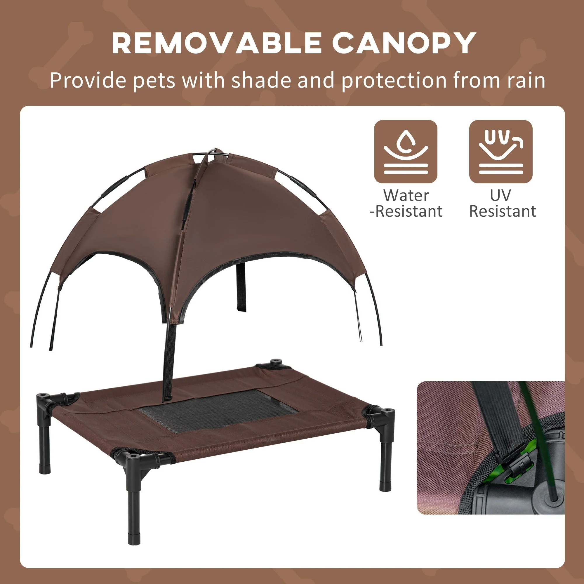 PawHut Raised Dog Bed Waterproof Elevated Pet Cot with Breathable Mesh UV Protection Canopy Coffee - Image 7