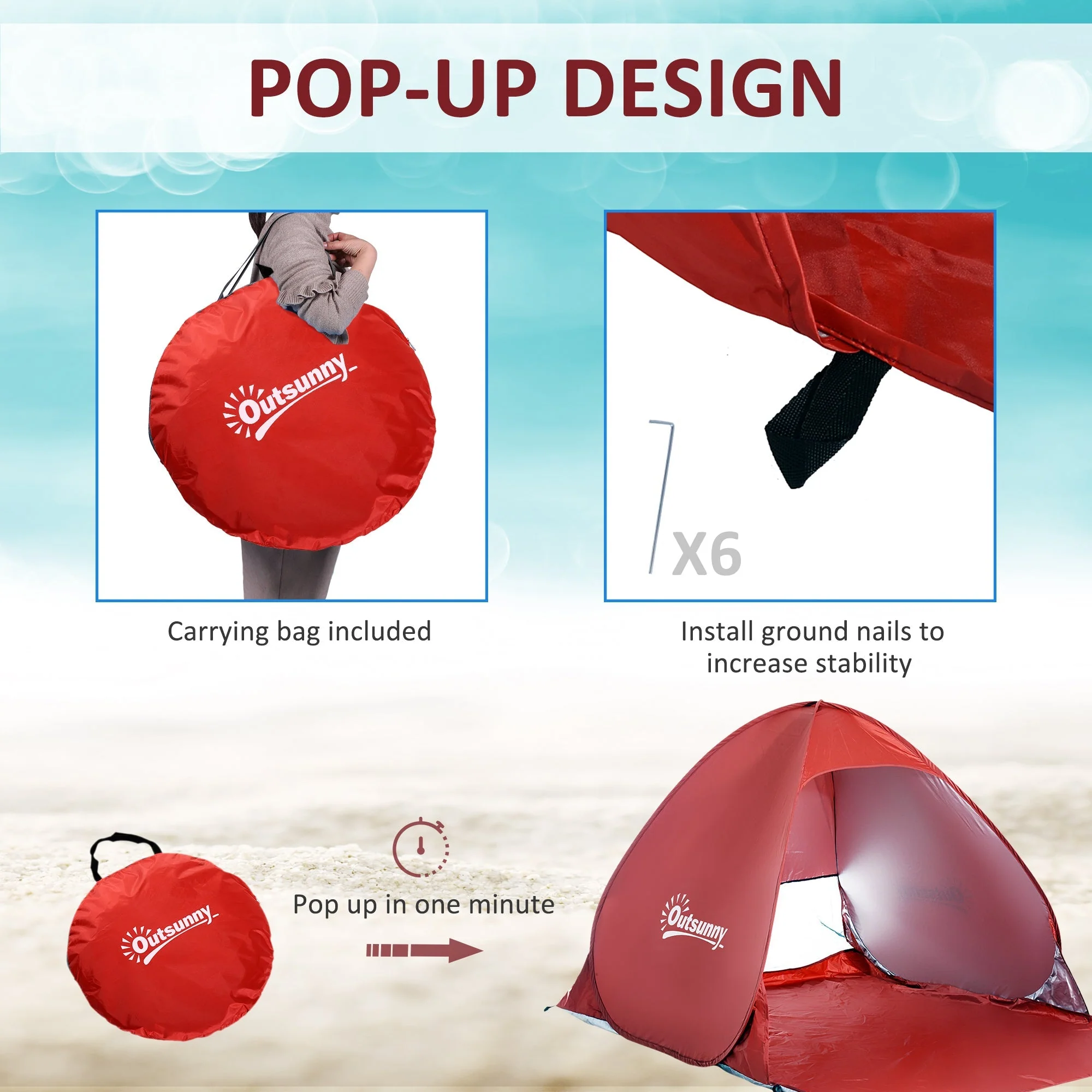 Pop-up Portable Beach Tent-Red - Image 5