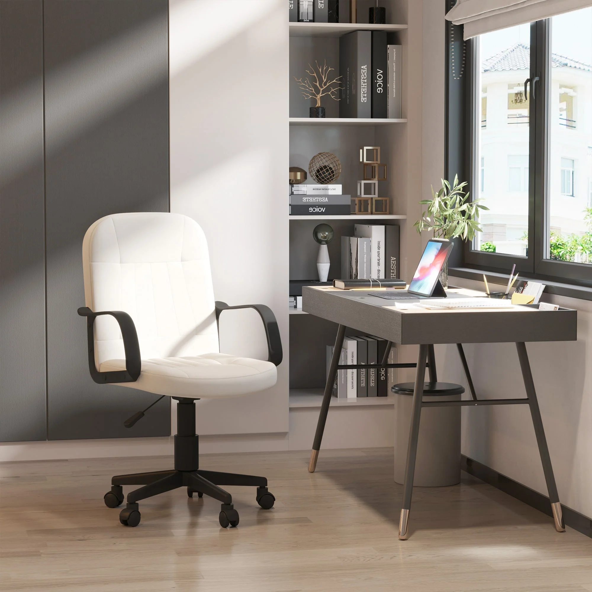 PU Leather Swivel Home Office Chair Cream - Image 9