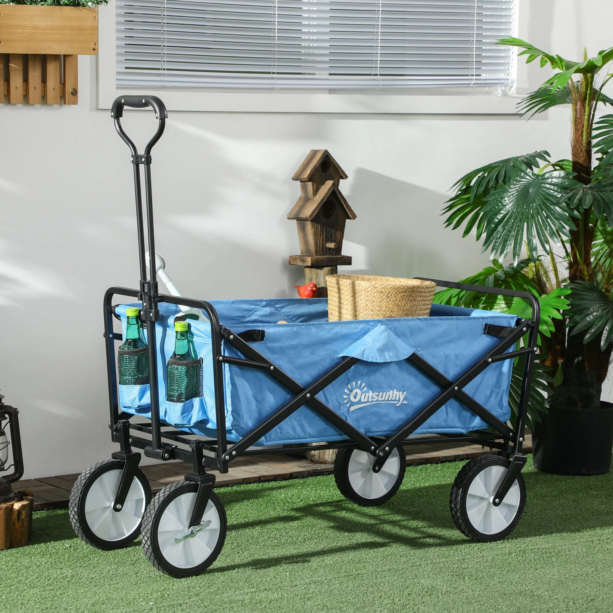 Pull Along Cart Folding Cargo Wagon Trailer Trolley for Beach Garden Use with Telescopic Handle - Blue - Image 2