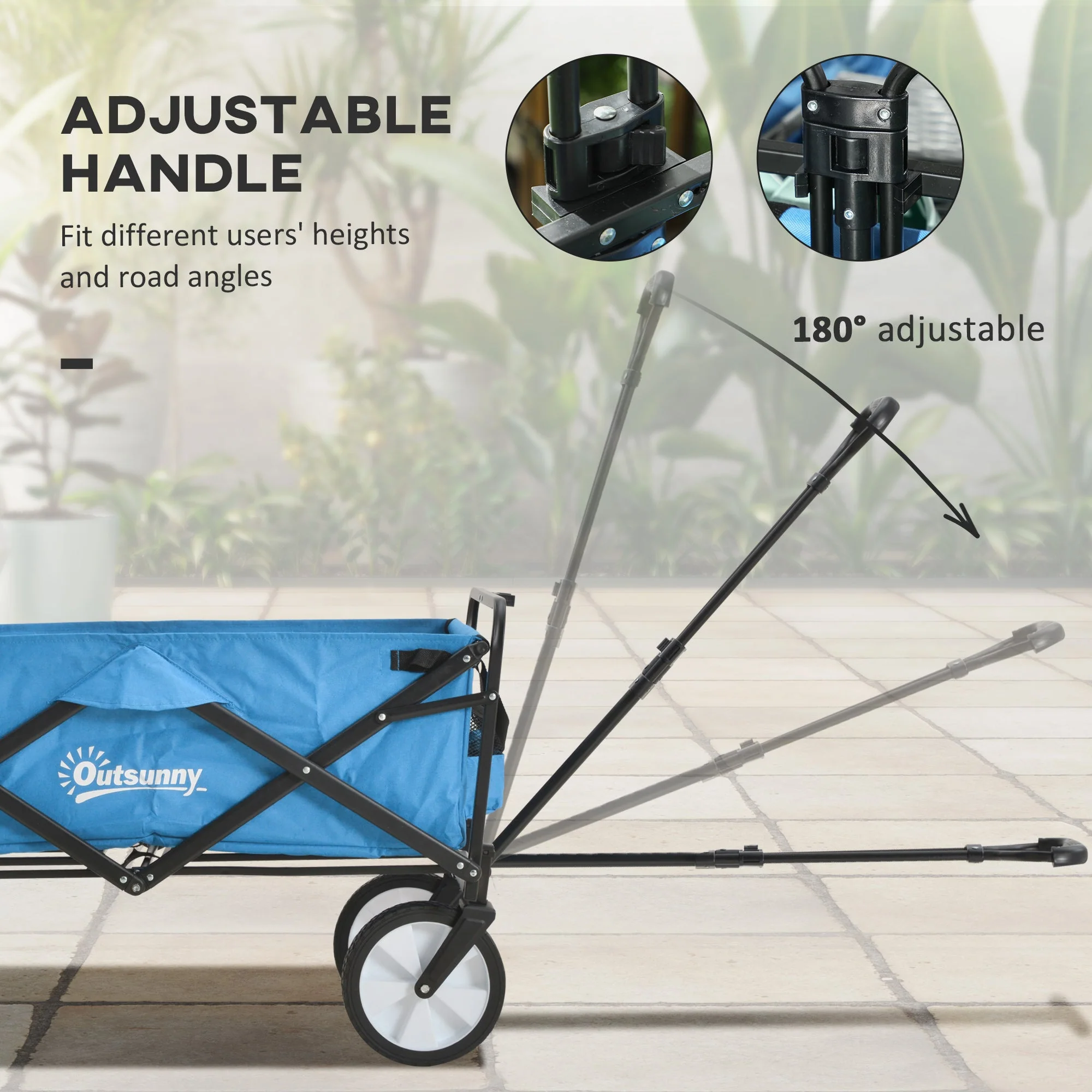 Pull Along Cart Folding Cargo Wagon Trailer Trolley for Beach Garden Use with Telescopic Handle - Blue - Image 5