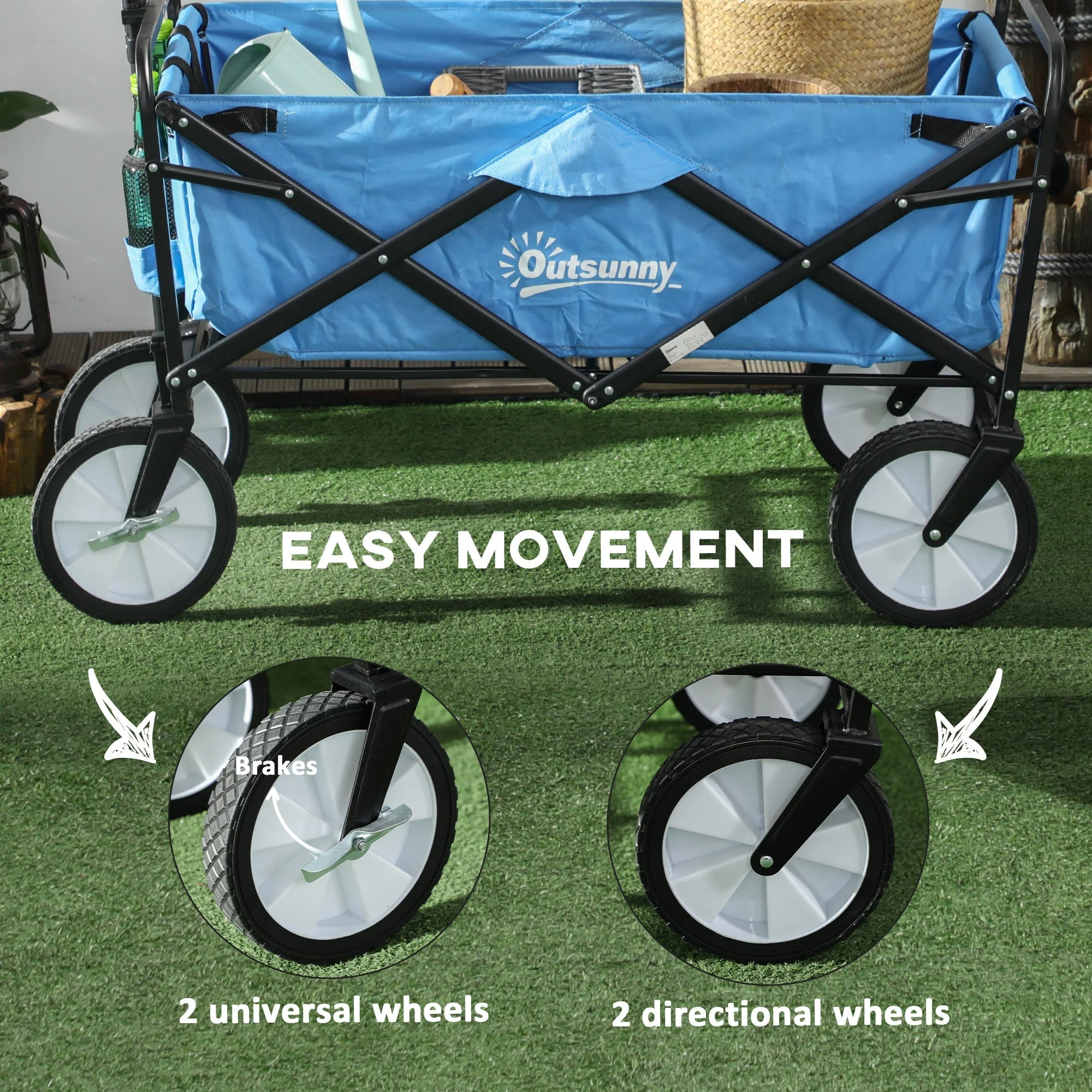 Pull Along Cart Folding Cargo Wagon Trailer Trolley for Beach Garden Use with Telescopic Handle - Blue - Image 6