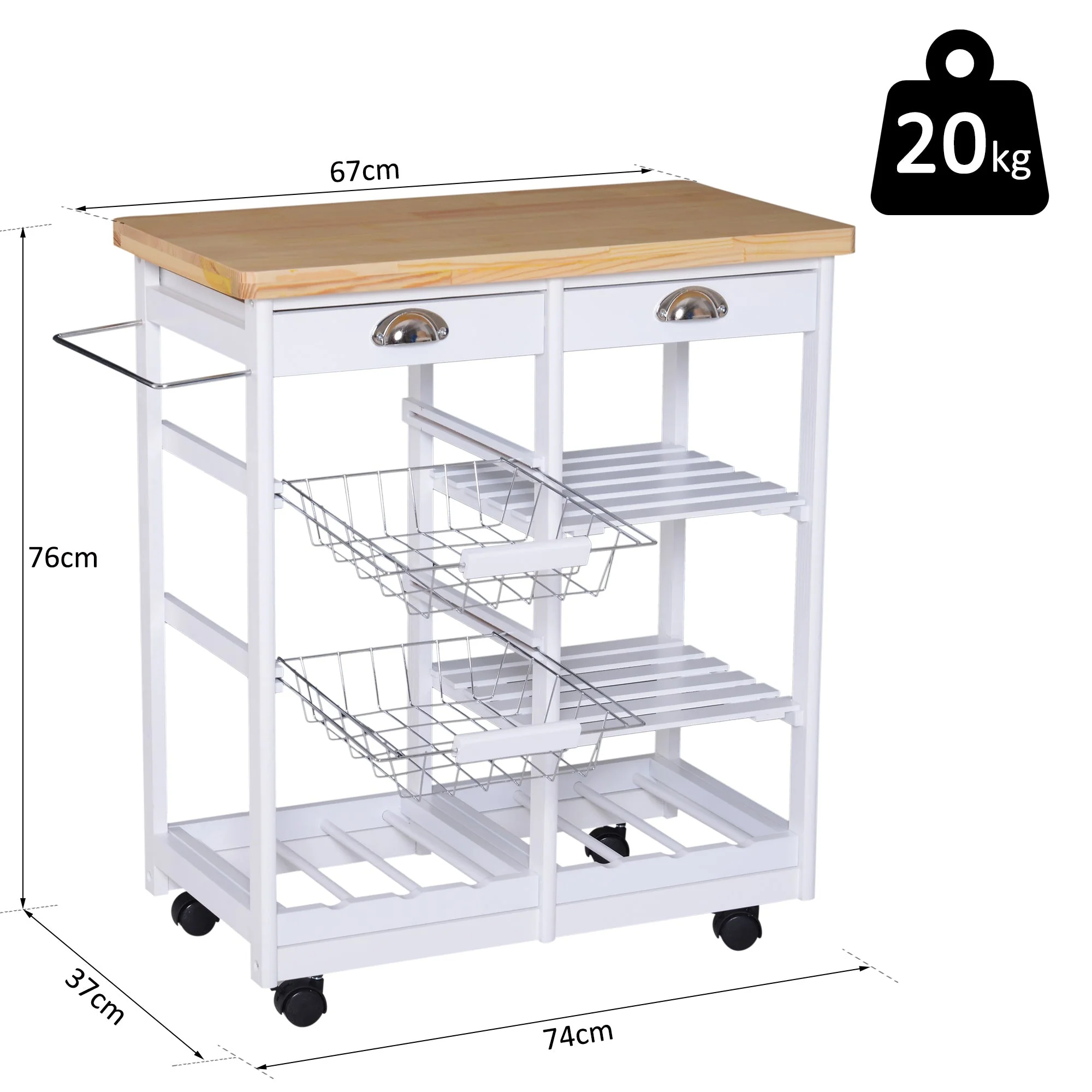Rolling Kitchen Island Trolley Cart Drawer Shelves Basket Wheels W/ 6 Bottle Wine Rack White - Image 3