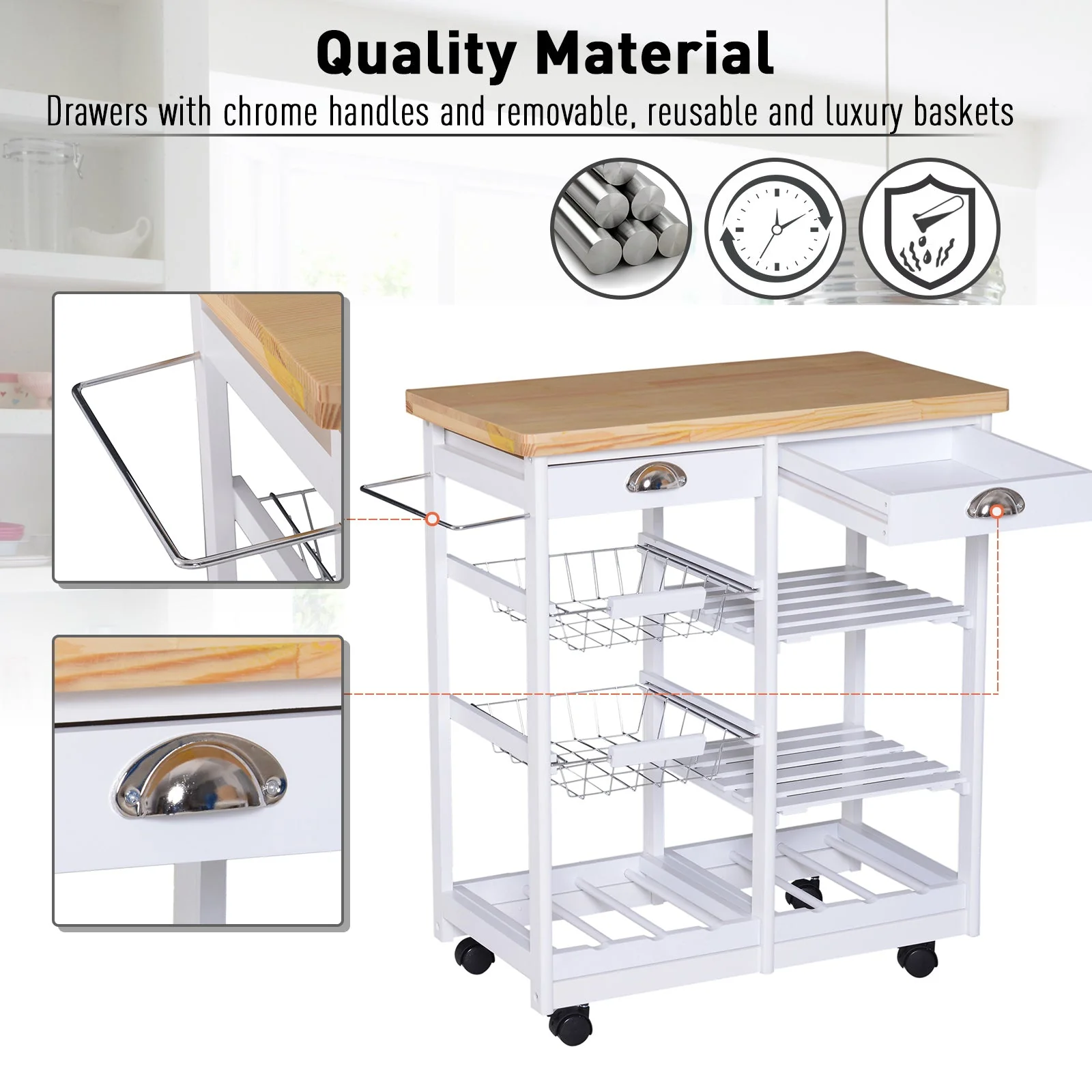 Rolling Kitchen Island Trolley Cart Drawer Shelves Basket Wheels W/ 6 Bottle Wine Rack White - Image 4