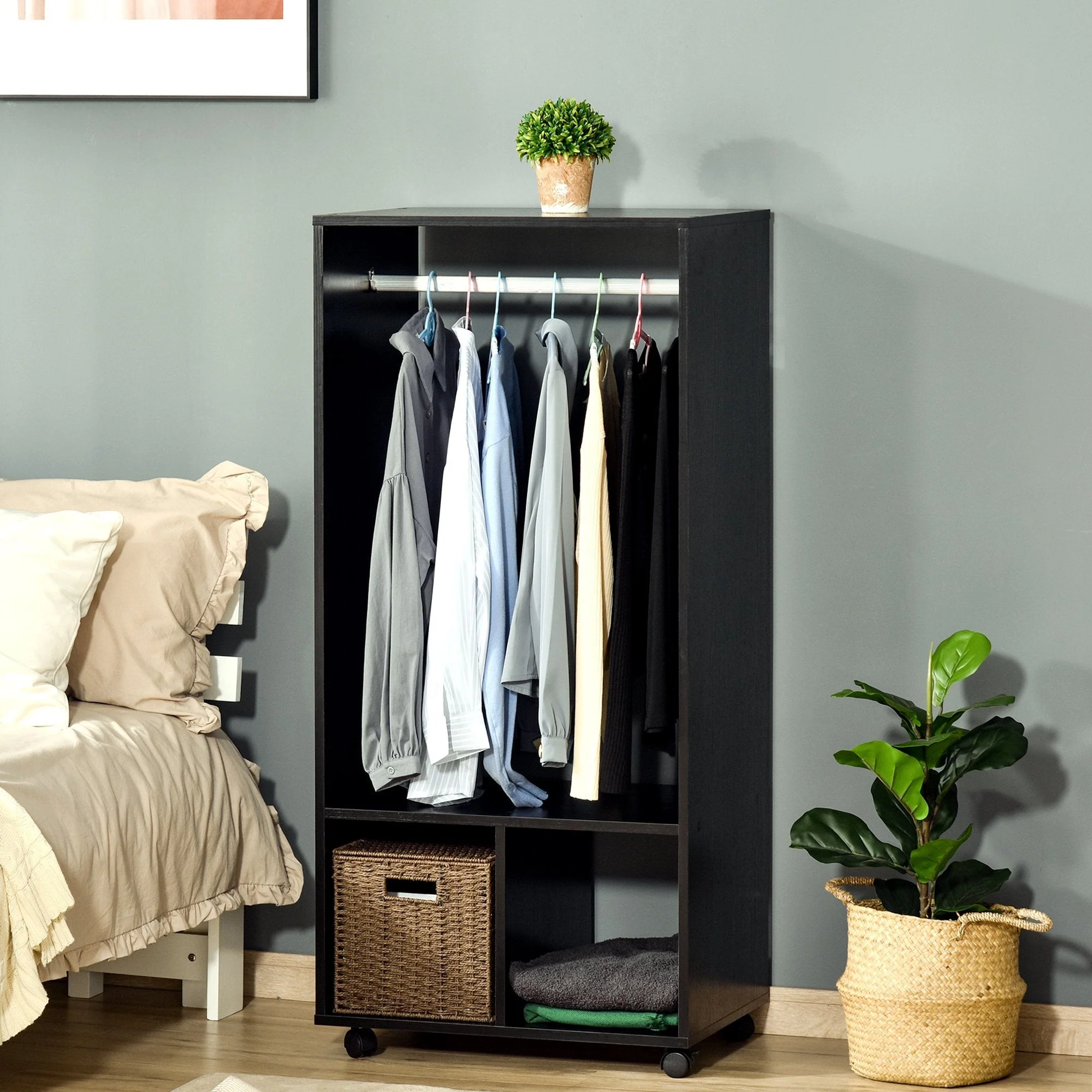 Rolling Open Wardrobe w/ Hanging Rod Storage Shelves Closet Organizer - Image 2