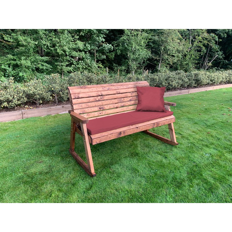 Scandinavian Redwood Garden Bench by Charles Taylor - 3 Seats Burgundy Cushions - Image 2