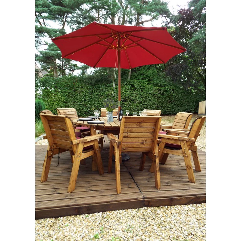 Scandinavian Redwood Garden Furniture Set by Charles Taylor - 8 Seats Burgundy Cushions - Image 3