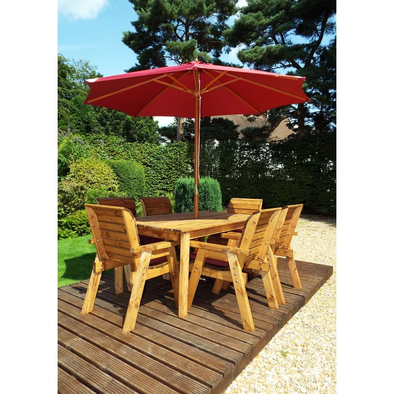 Scandinavian Redwood Garden Patio Dining Set by Charles Taylor - 6 Seats Burgundy Cushions - Image 3