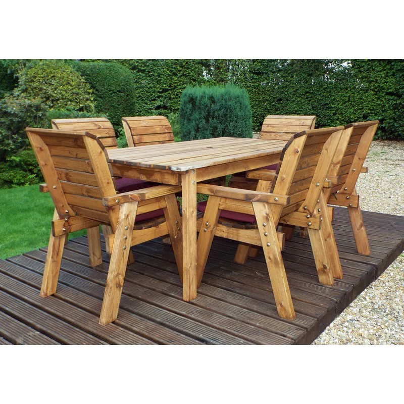 Scandinavian Redwood Garden Patio Dining Set by Charles Taylor - 6 Seats Burgundy Cushions - Image 4