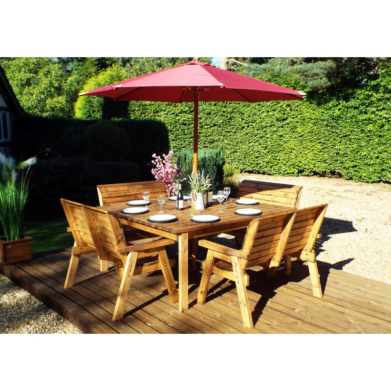 Scandinavian Redwood Garden Patio Dining Set by Charles Taylor - 8 Seats Burgundy Cushions - Image 3