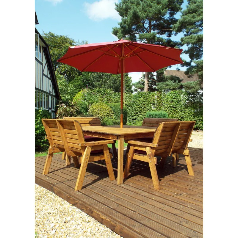 Scandinavian Redwood Garden Patio Dining Set by Charles Taylor - 8 Seats Burgundy Cushions - Image 5