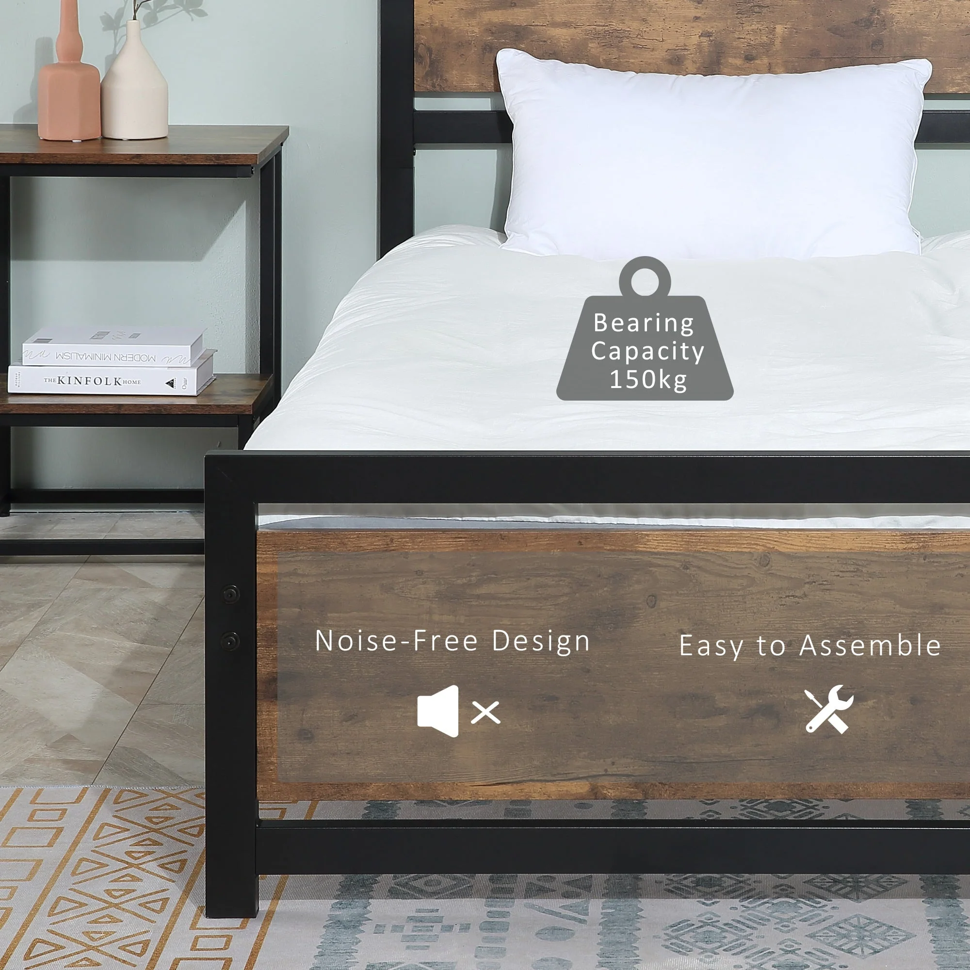 Single Metal Bed Frame Slat Support Bedstead Base w/ Headboard & Footboard - Image 5