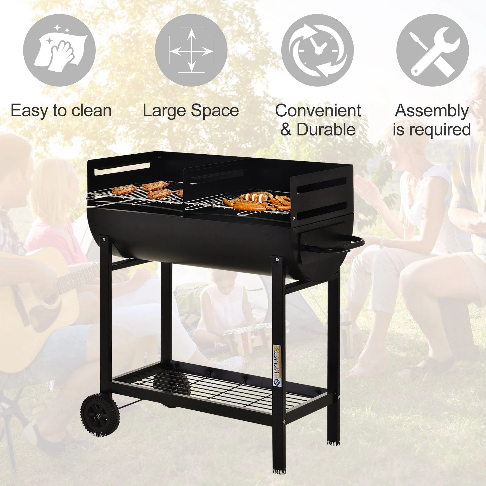 Steel 2-Grill Charcoal BBQ w/ Wheels Black - Image 5