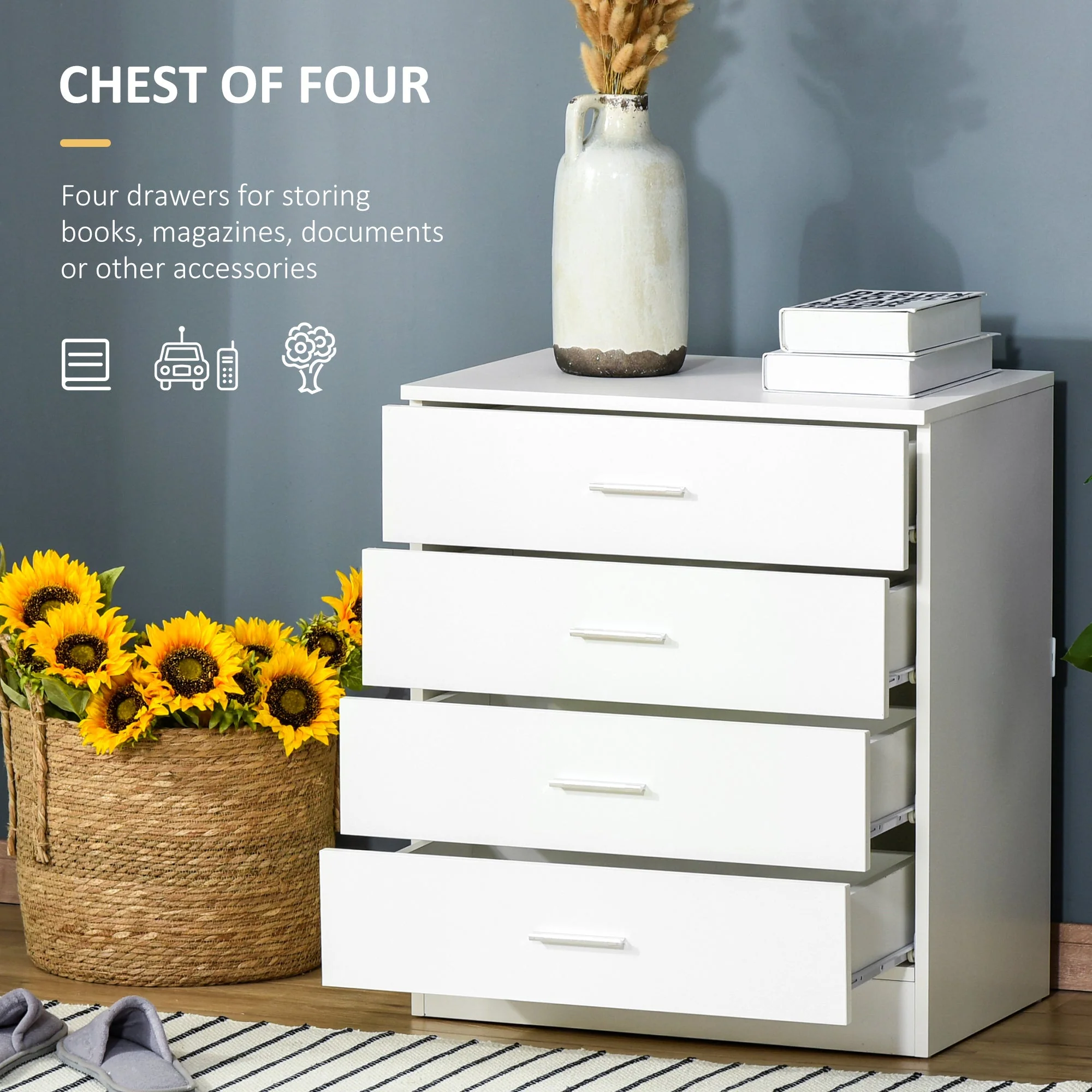Storage Cabinet Vertical Drawer Chest of 4 w/ Metal Rails Anti-Tip - Image 3