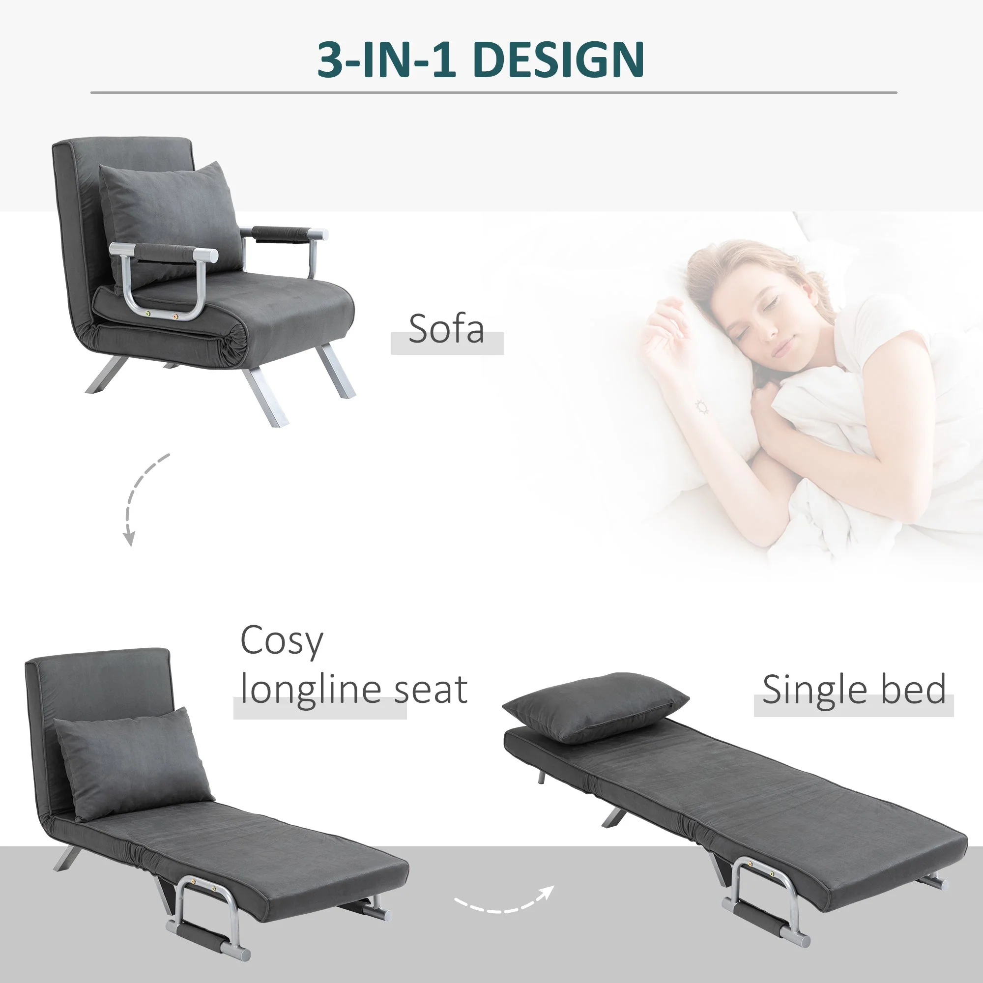 Suedette Adjustable Back Futon Sofa Chair - Dark Grey - Image 5
