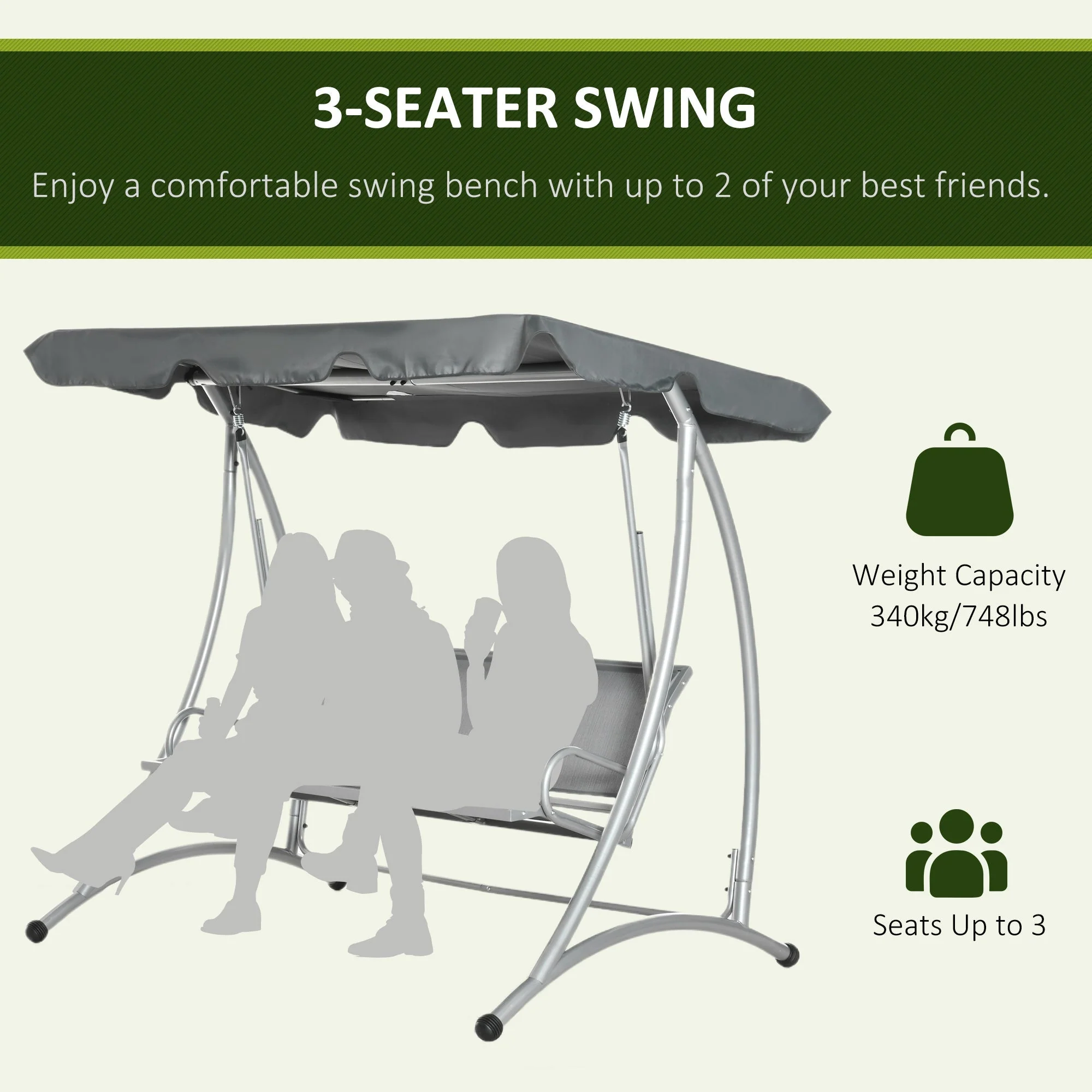 Three Person Steel Outdoor Porch Swing Chair Bench w/ Canopy Cover Grey - Image 7