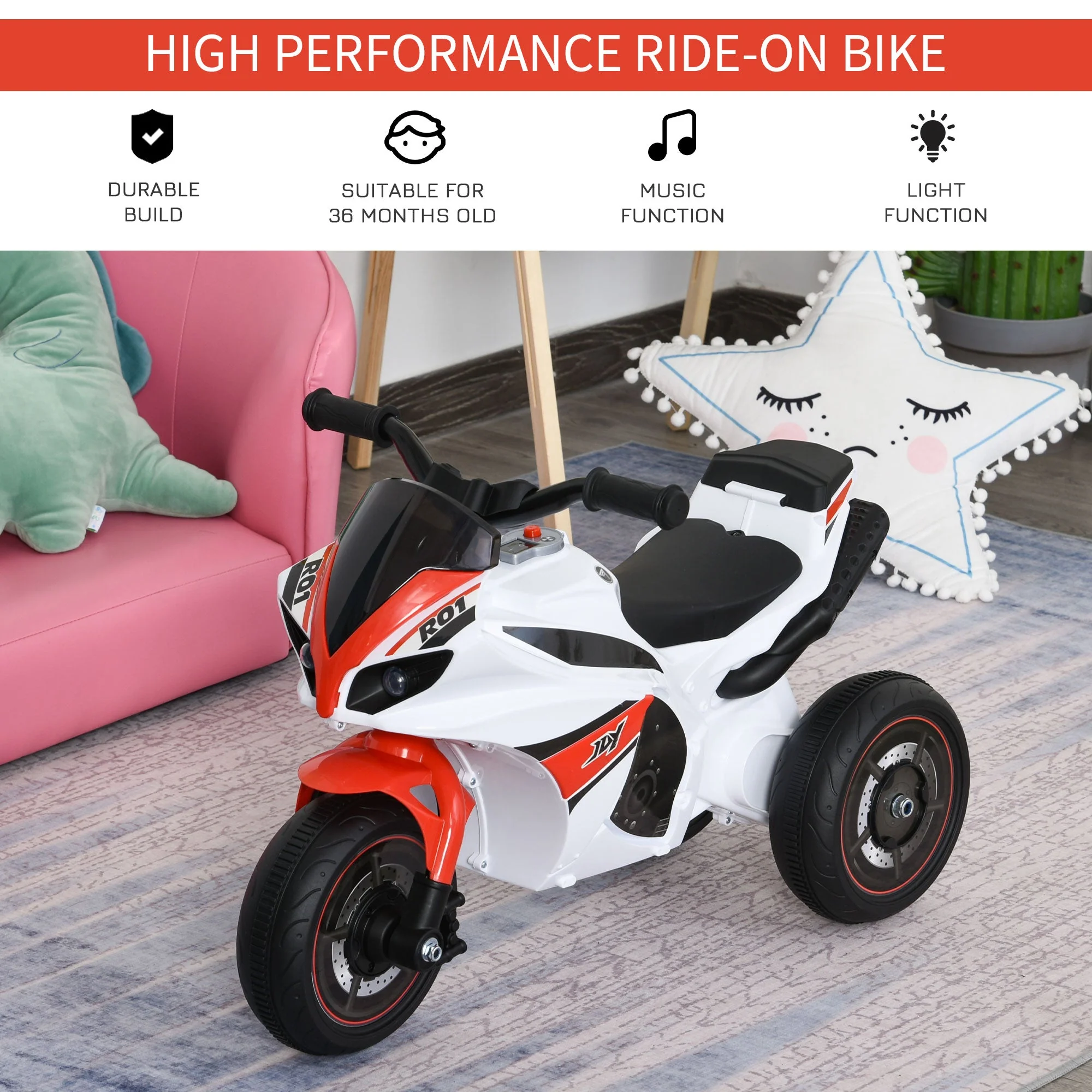 Toddlers 3-Wheel Plastic Motorcycle Push Walker Red/White - Image 4