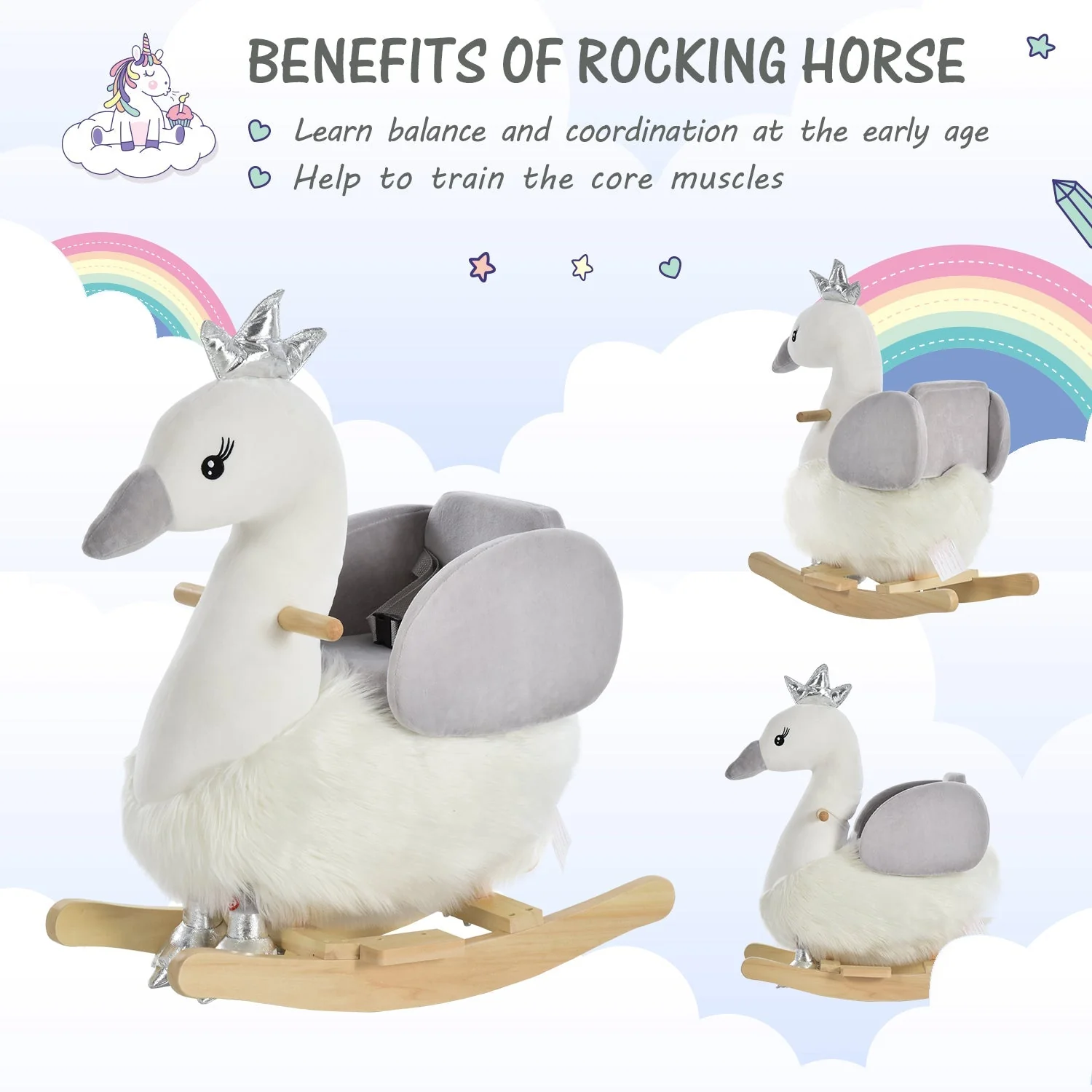 Toddlers Swan Plush Rocking Ride On w/ Sound White/Grey - Image 5