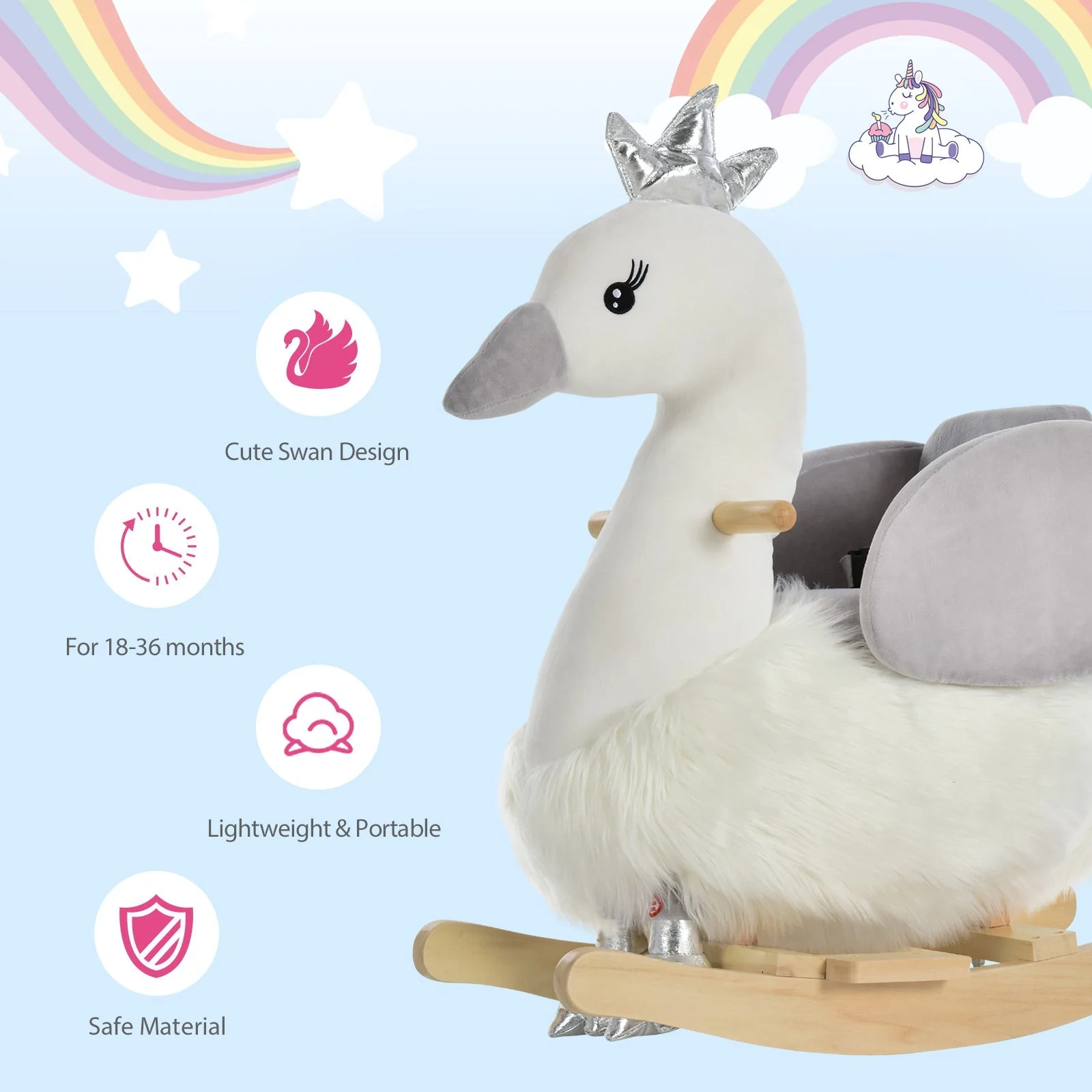 Toddlers Swan Plush Rocking Ride On w/ Sound White/Grey - Image 7