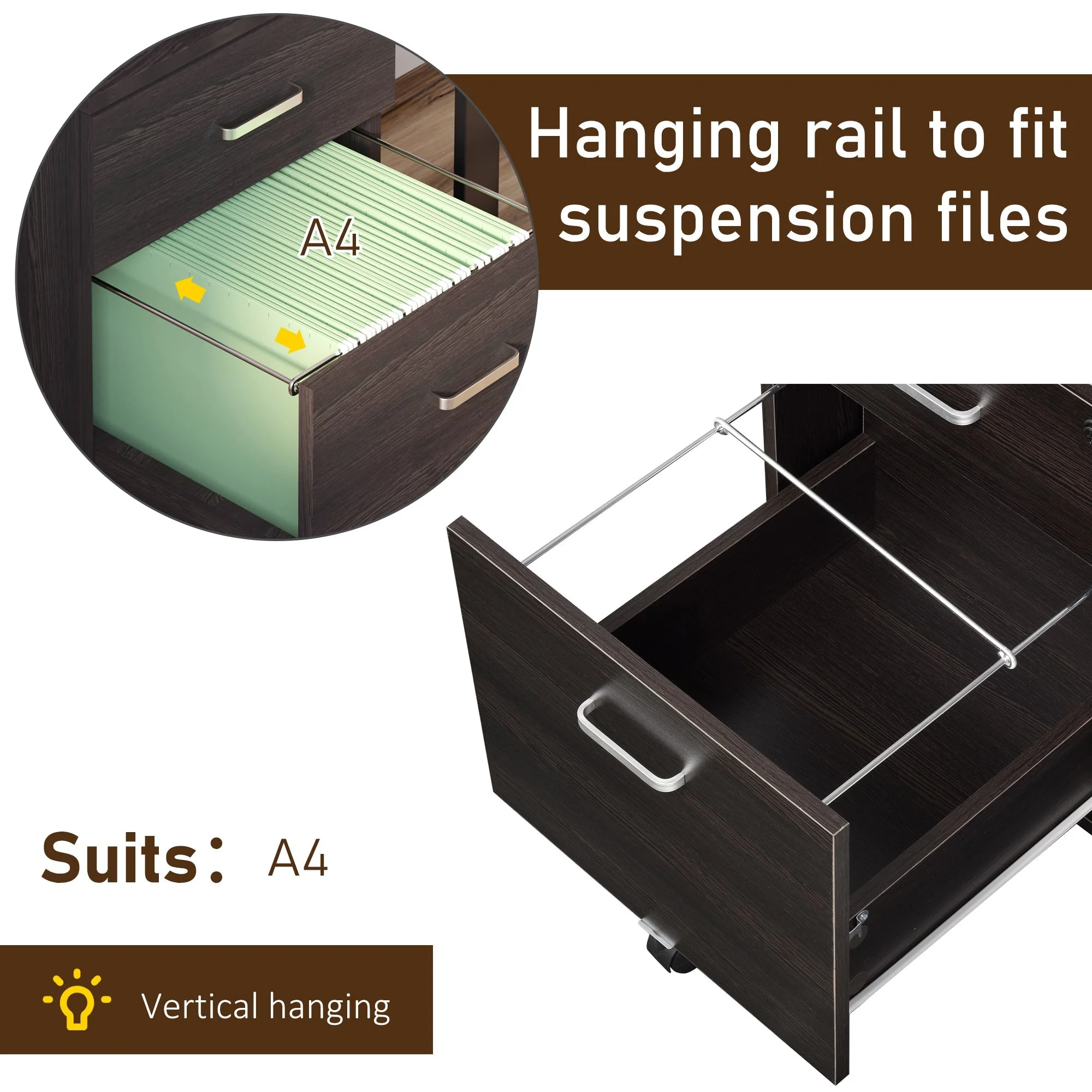 Vinsetto 2-Drawer Locking Office Filing Cabinet w/ 5 Wheels Rolling Storage Hanging Legal Letter Files Cupboard Home Organisation Black - Image 6