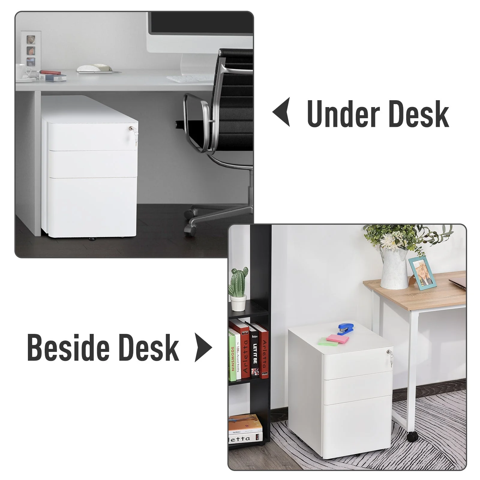 Vinsetto Fully Assembled 3 Drawer Steel Metal Filing Cabinet Lockable Rolling Vertical File Cabinet White - Image 7