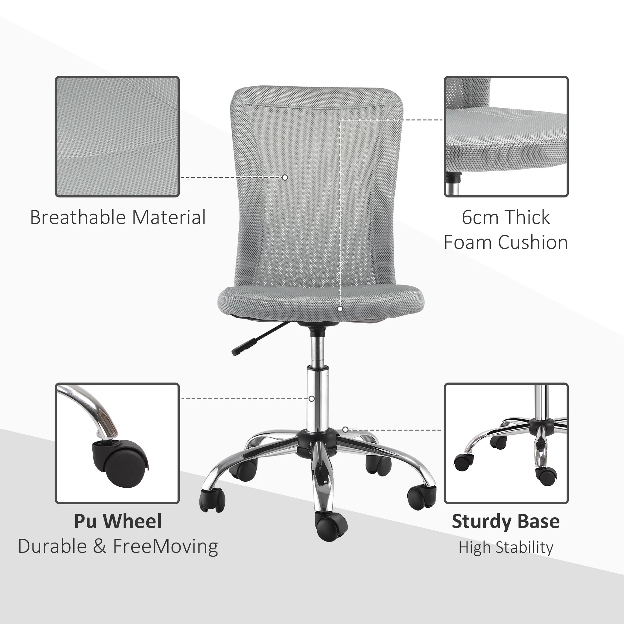 Vinsetto Home Office Mesh Task Chair Ergonomic Armless Mid Back Height Adjustable with Swivel Wheels - Image 4
