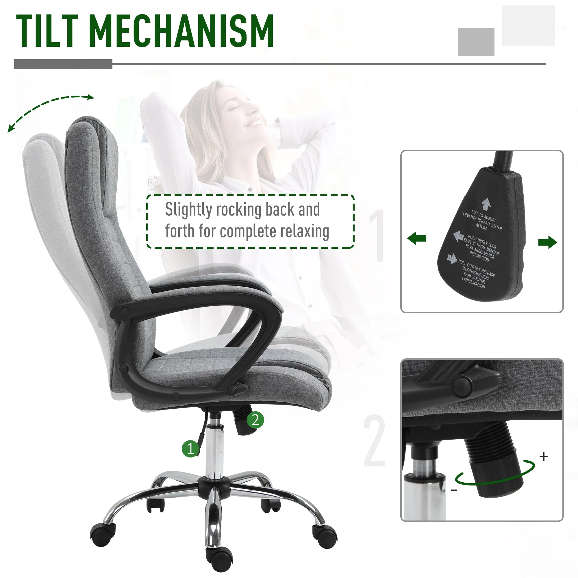 Vinsetto Linen Upholstered Tilting Home Office Chair Grey - Image 4