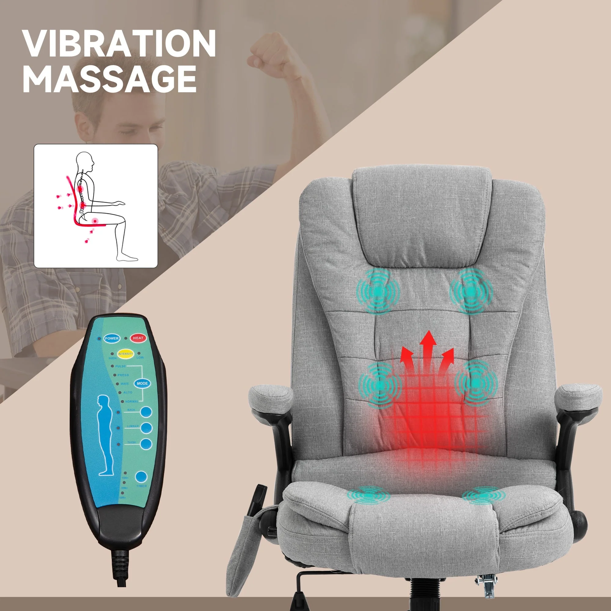Vinsetto Massage Office Chair Recliner Ergonomic Gaming Heated Home Office Padded Linen-Feel Fabric & Swivel Base Light Grey - Image 4