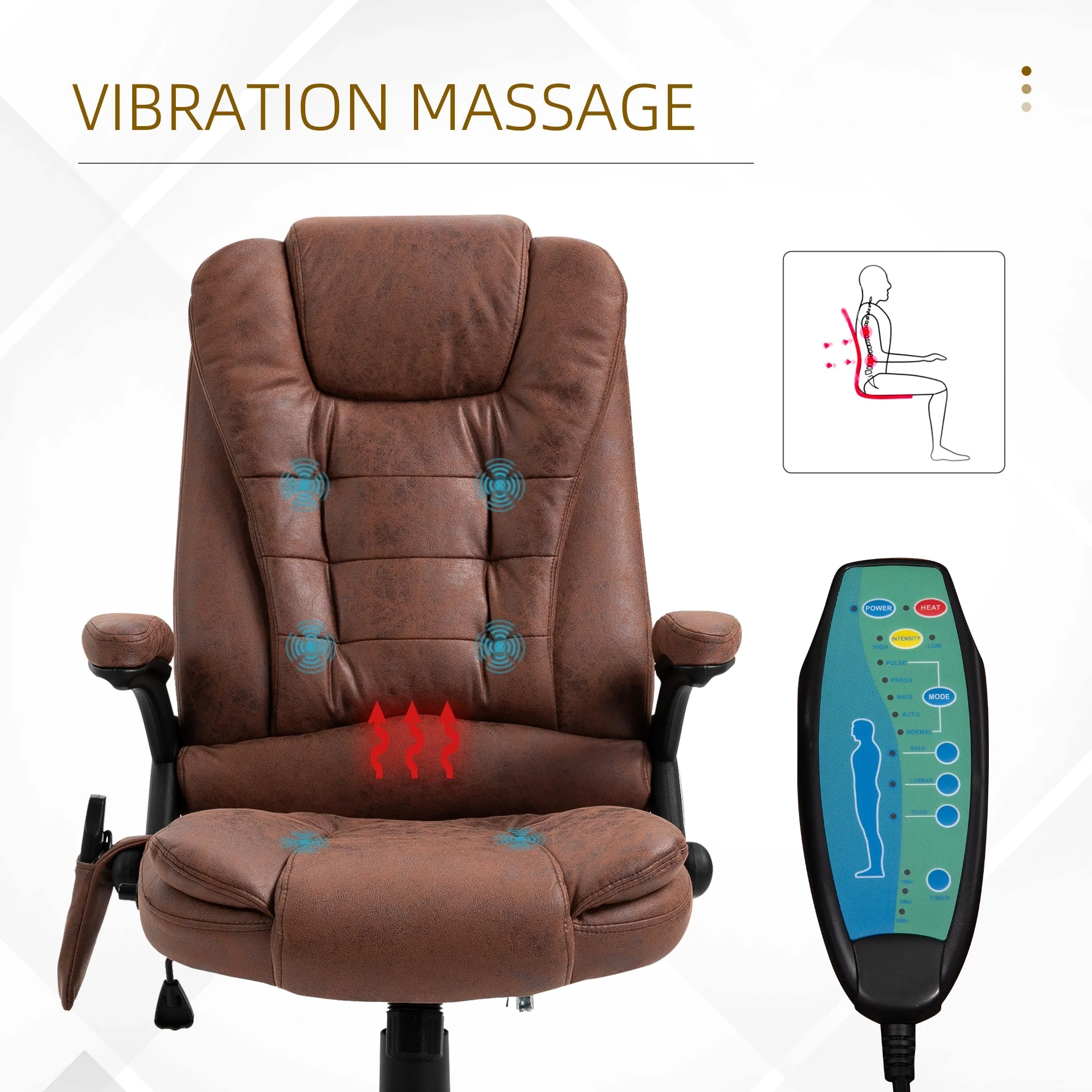 Vinsetto Massage Recliner Chair Heated Office Chair with Six Massage Points Microfiber Cloth 360° Swivel Wheels Brown - Image 7
