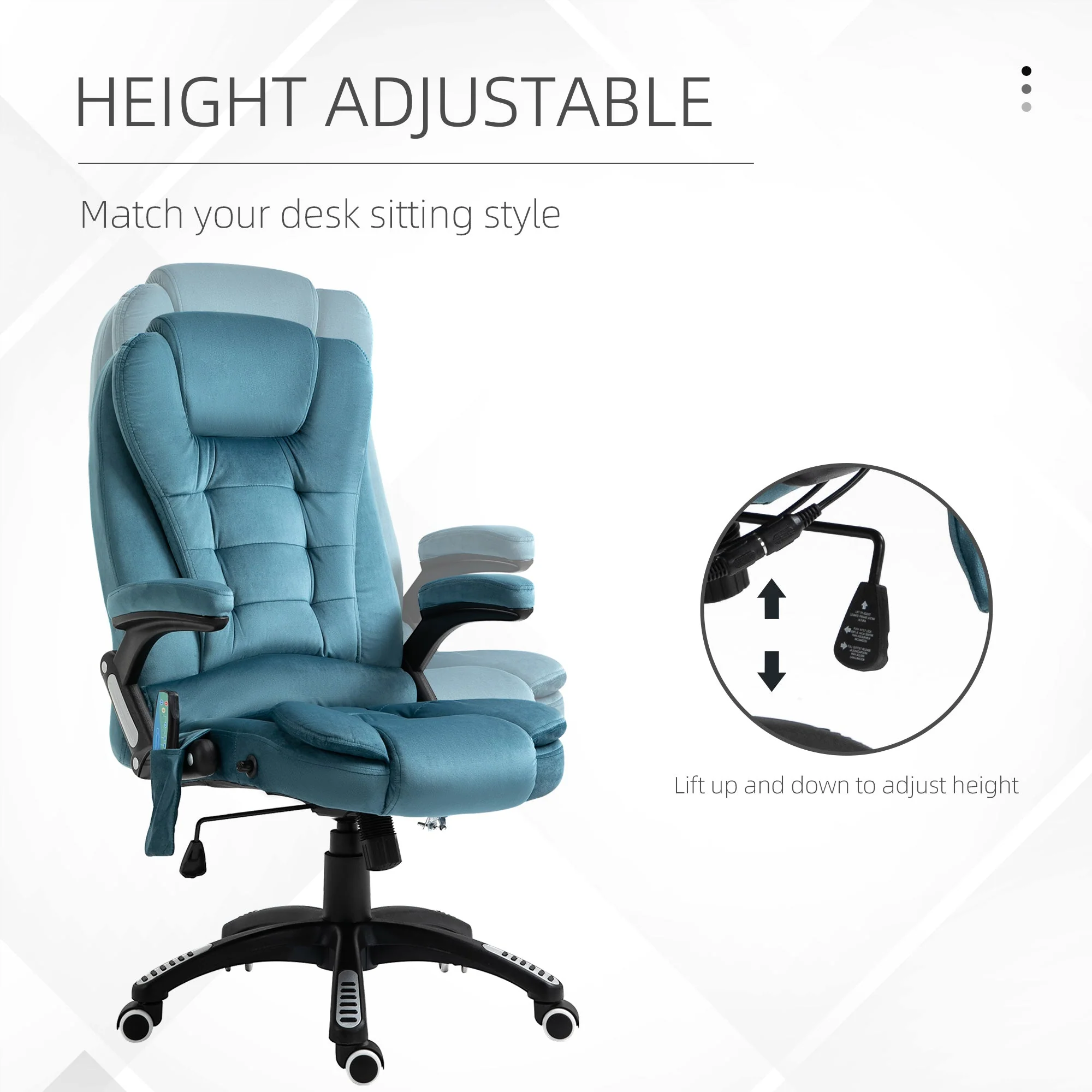 Vinsetto Massage Recliner Chair Heated Office Chair With Six Massage Points Velvet-Feel Fabric 360 Swivel Wheels Blue - Image 4