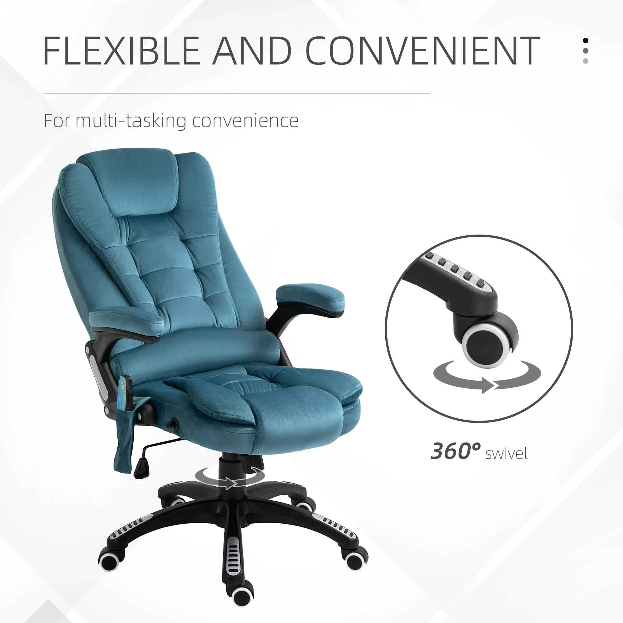 Vinsetto Massage Recliner Chair Heated Office Chair With Six Massage Points Velvet-Feel Fabric 360 Swivel Wheels Blue - Image 8