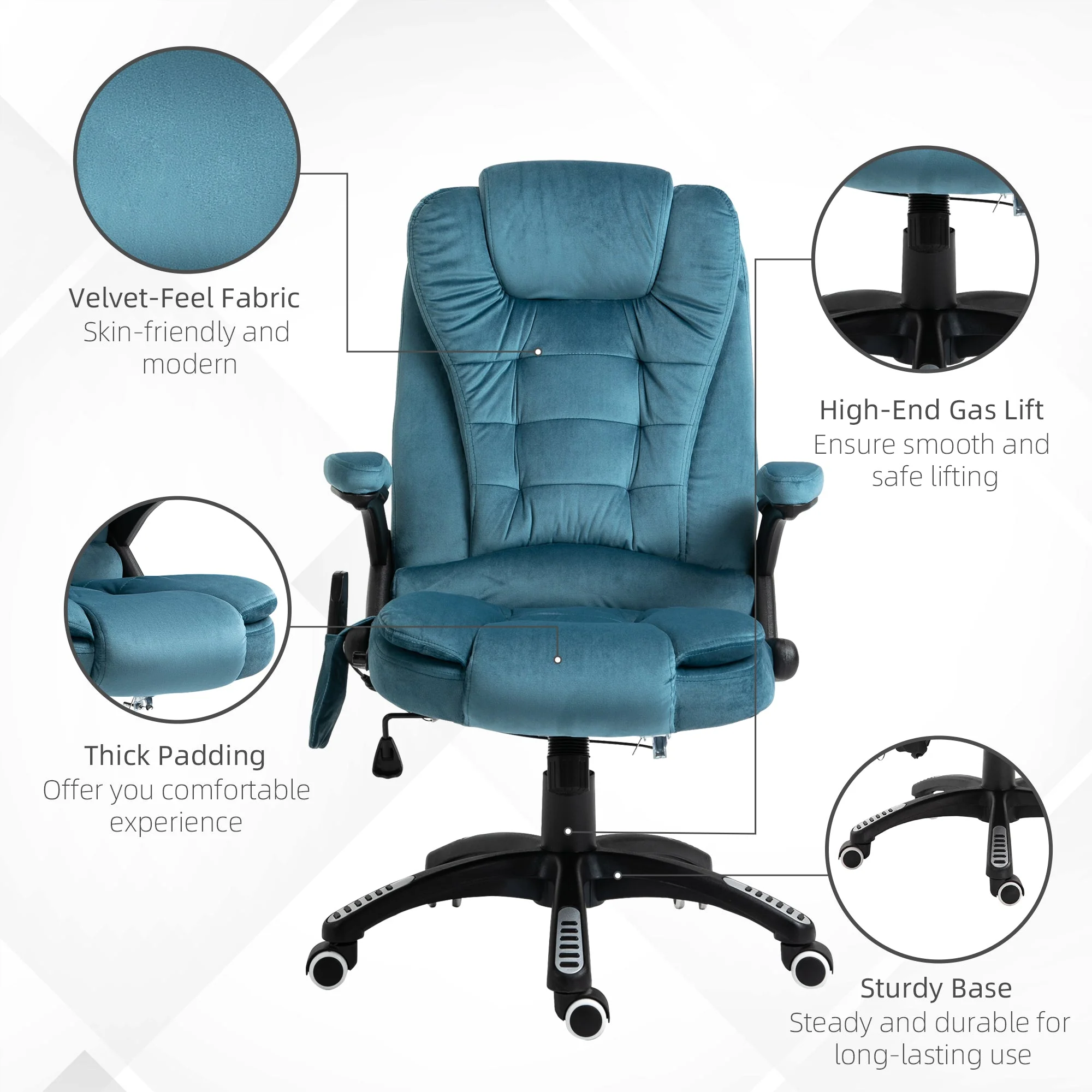 Vinsetto Massage Recliner Chair Heated Office Chair With Six Massage Points Velvet-Feel Fabric 360 Swivel Wheels Blue - Image 9