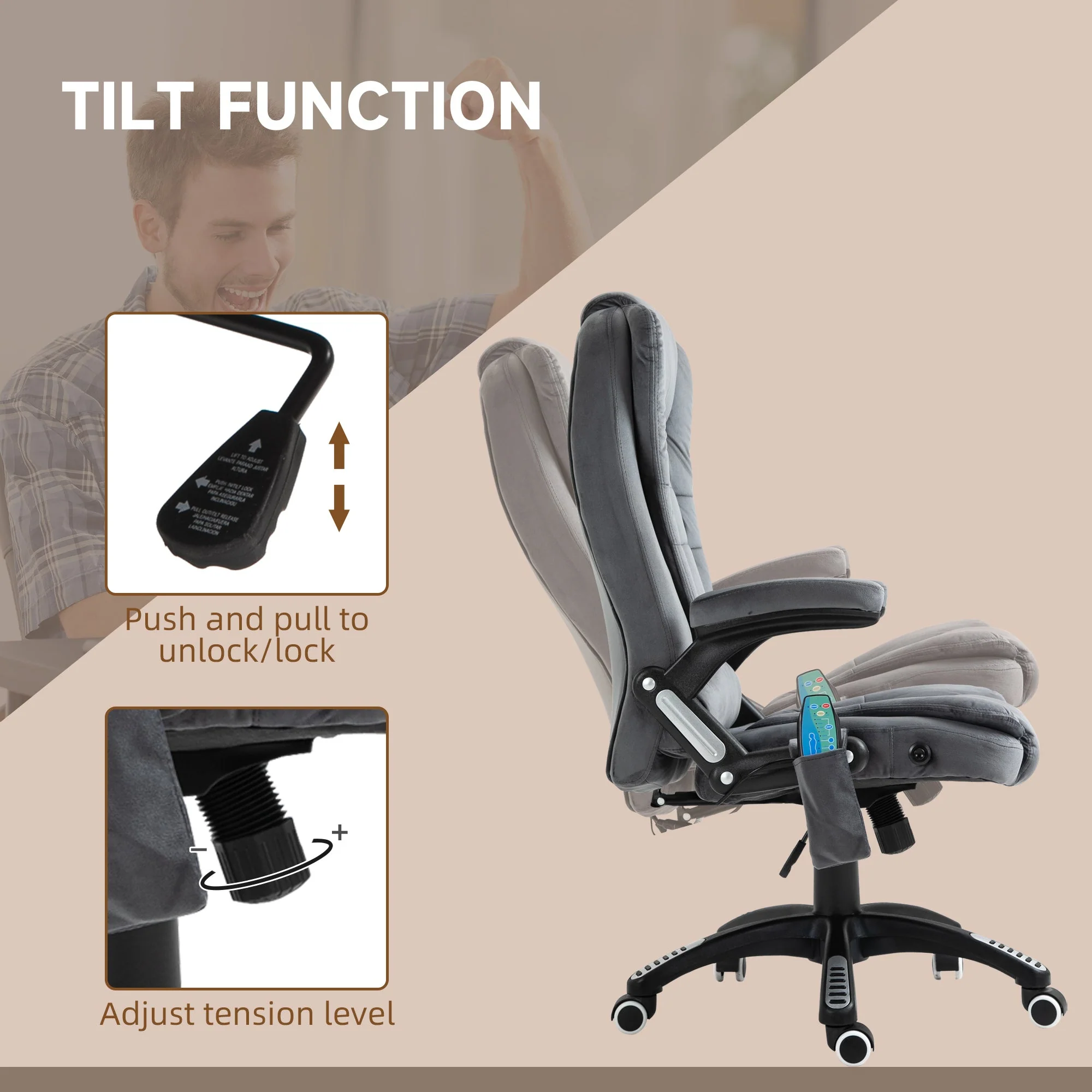 Vinsetto Massage Recliner Chair Heated Office Chair With Six Massage Points Velvet-Feel Fabric 360 Swivel Wheels Grey - Image 6