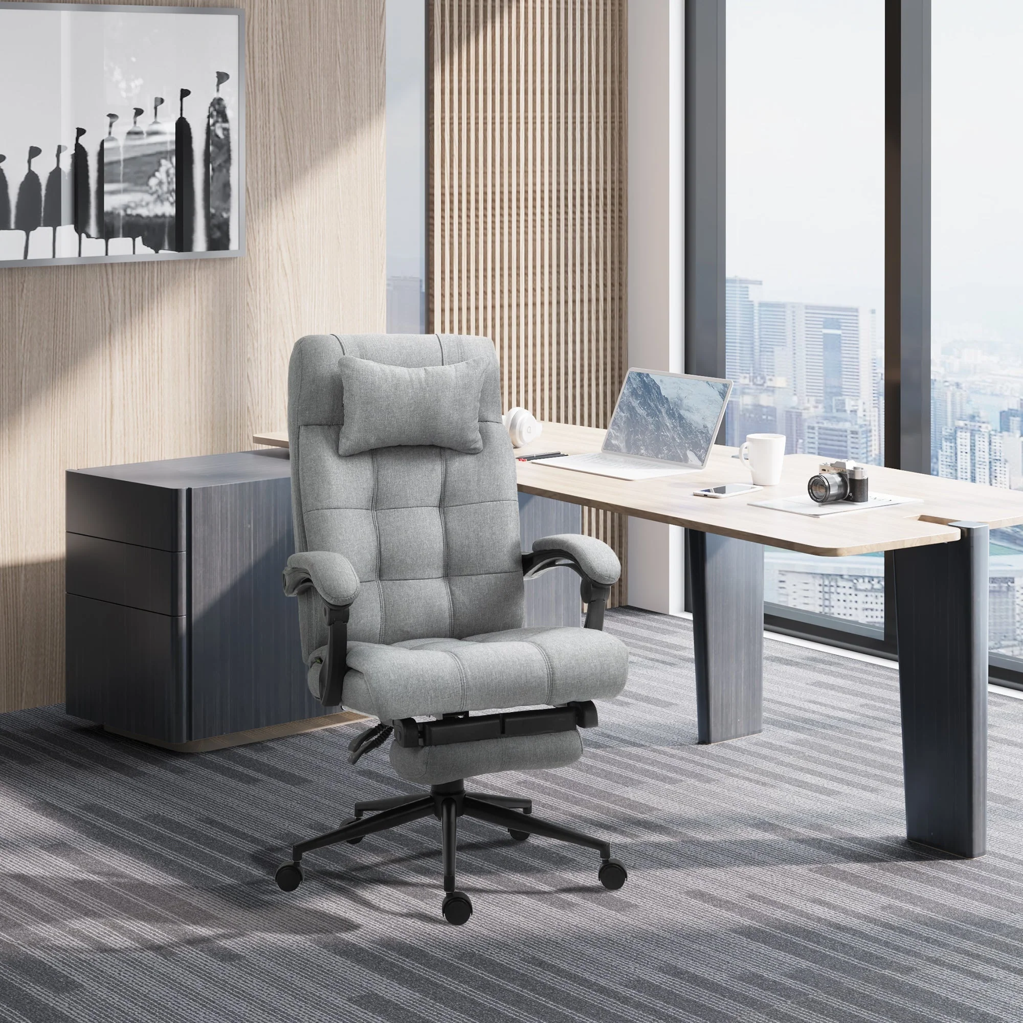 Vinsetto Office Chair With Footrest Ergonomic Office Chair With Armrests Lumber Support And Headrest Light Grey - Image 2