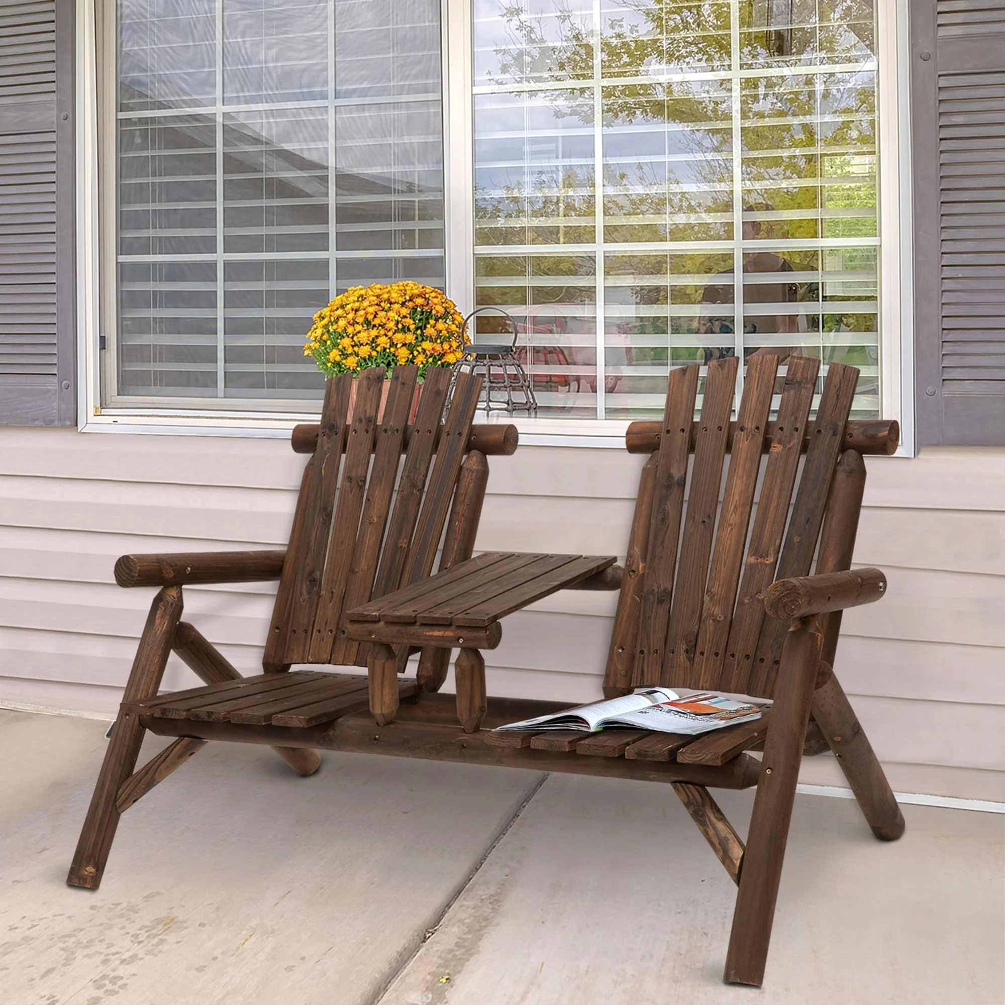 Wood Patio Chair Bench 2 Seat Jack and Jill Seat w/ Center Coffee Table - Image 2