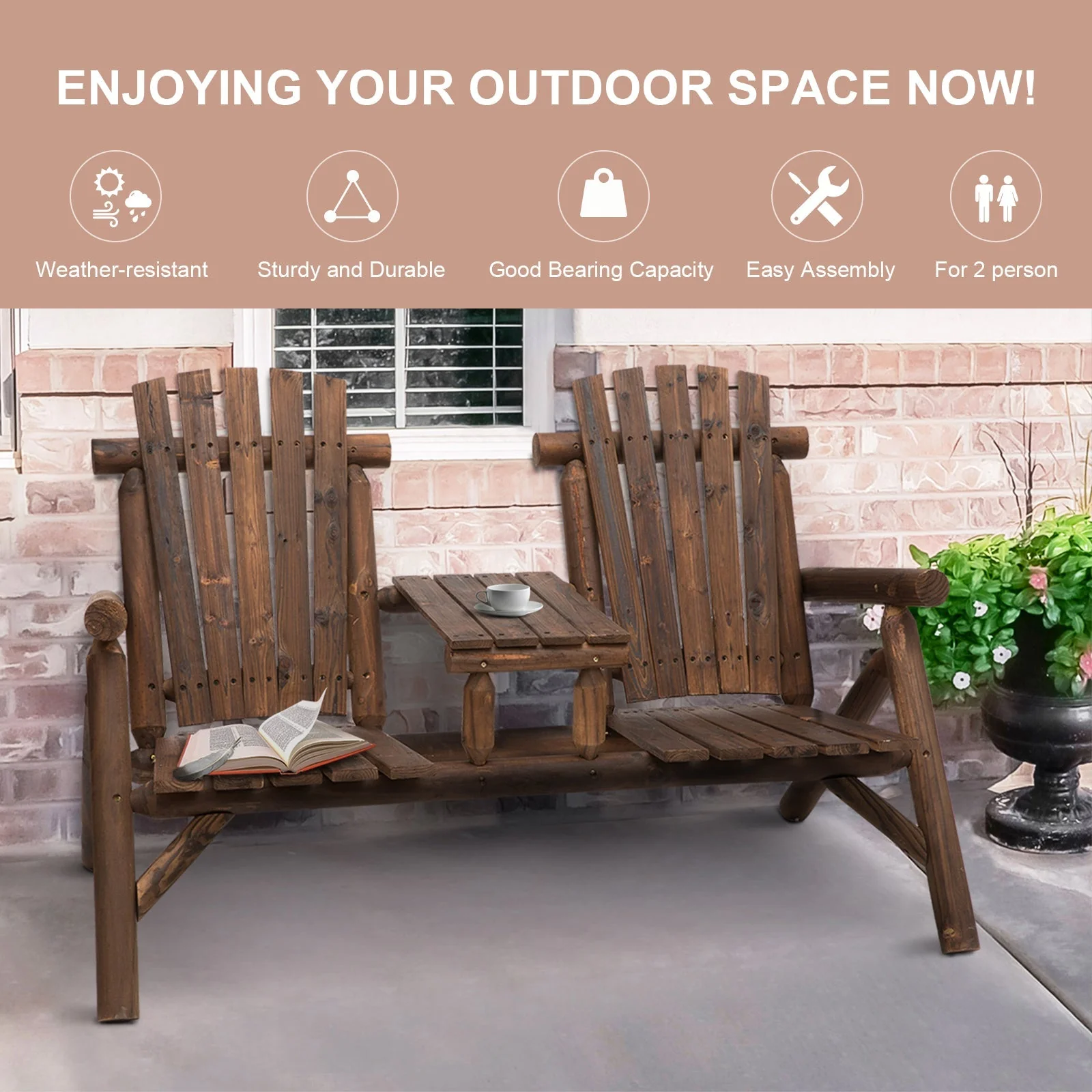 Wood Patio Chair Bench 2 Seat Jack and Jill Seat w/ Center Coffee Table - Image 7