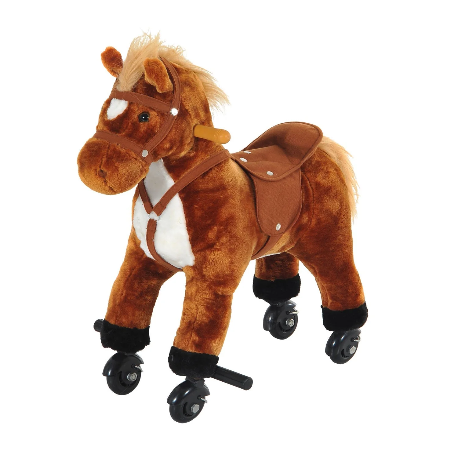 Wooden Action Pony Wheeled Walking Horse Riding Little Baby Plush Toy Wooden Style Ride on Animal Kids Gift w/Sound Brown - Image 2