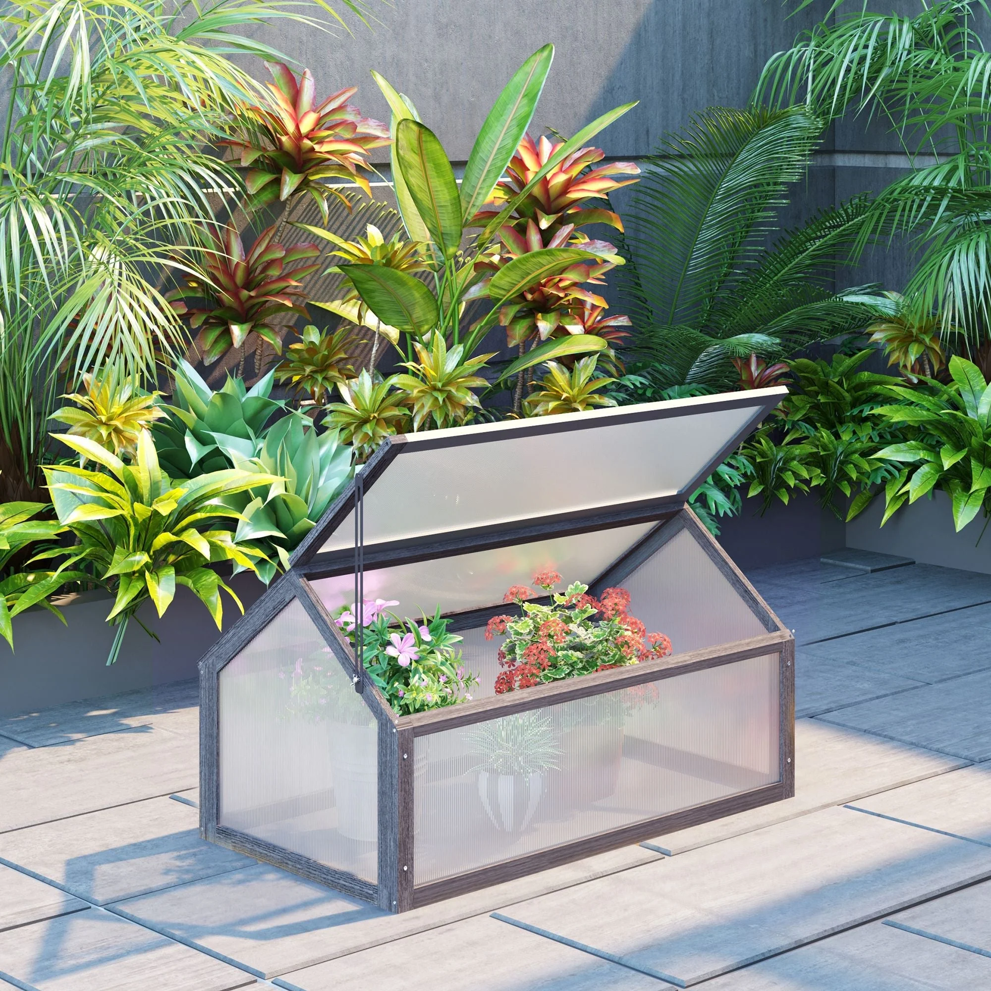 Wooden Cold Frame Garden Polycarbonate Greenhouse with Openable Top Cover - Image 2