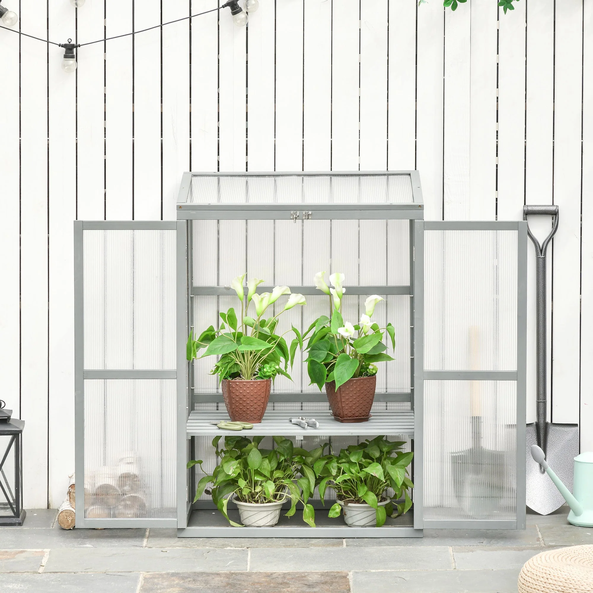 Wooden Cold Frame Greenhouse Polycarbonate Garden Grow House for Flower Vegetable Plants with Adjustable Shelf - Image 2
