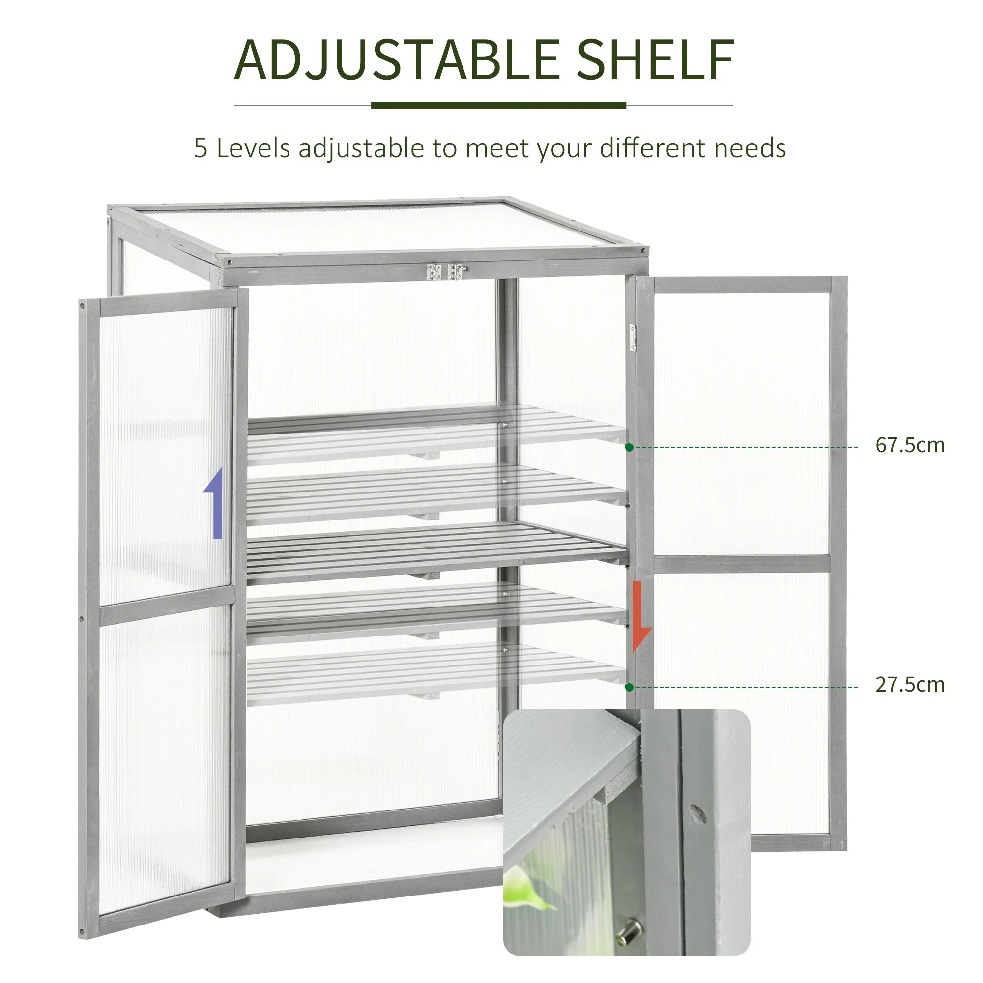 Wooden Cold Frame Greenhouse Polycarbonate Garden Grow House for Flower Vegetable Plants with Adjustable Shelf - Image 5