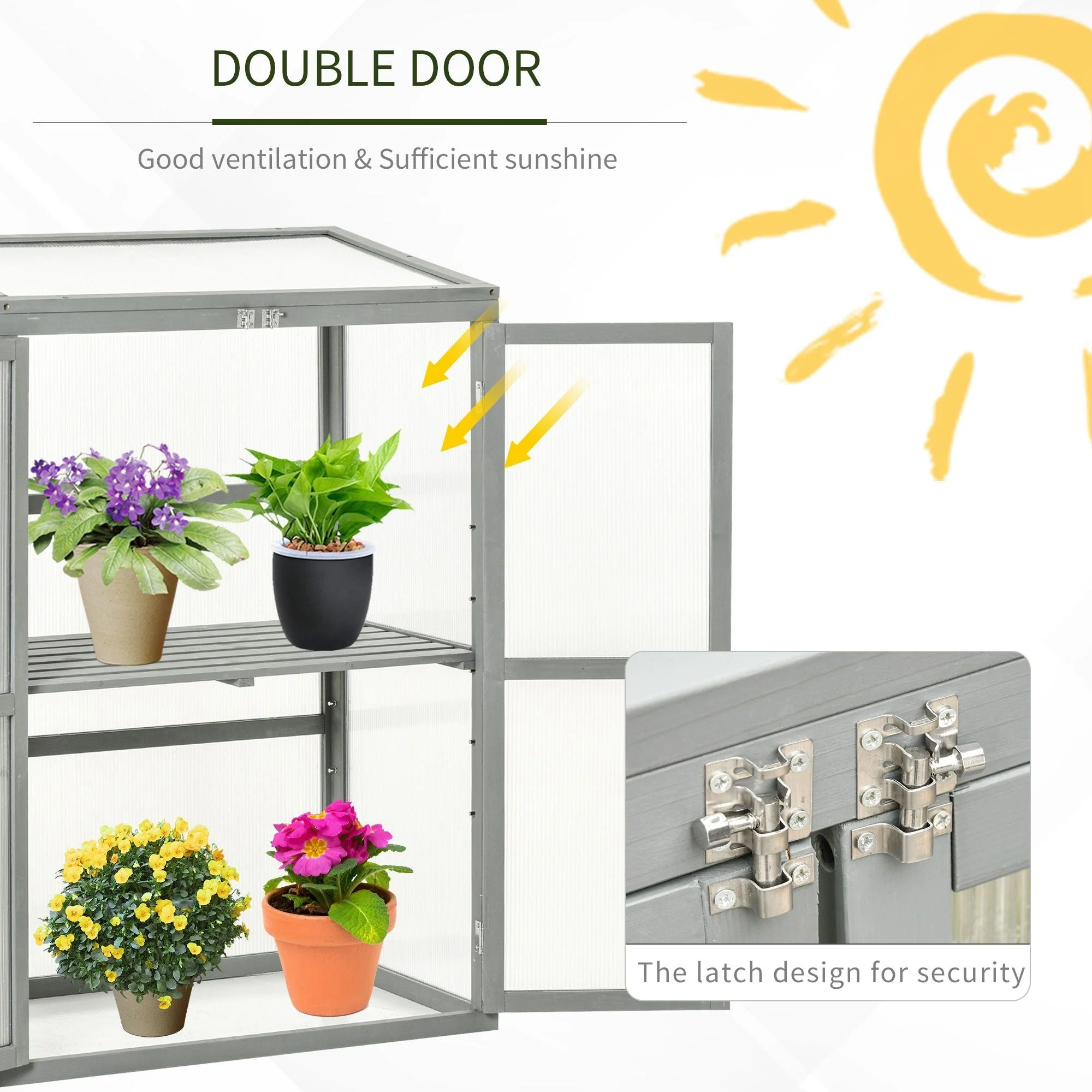 Wooden Cold Frame Greenhouse Polycarbonate Garden Grow House for Flower Vegetable Plants with Adjustable Shelf - Image 6