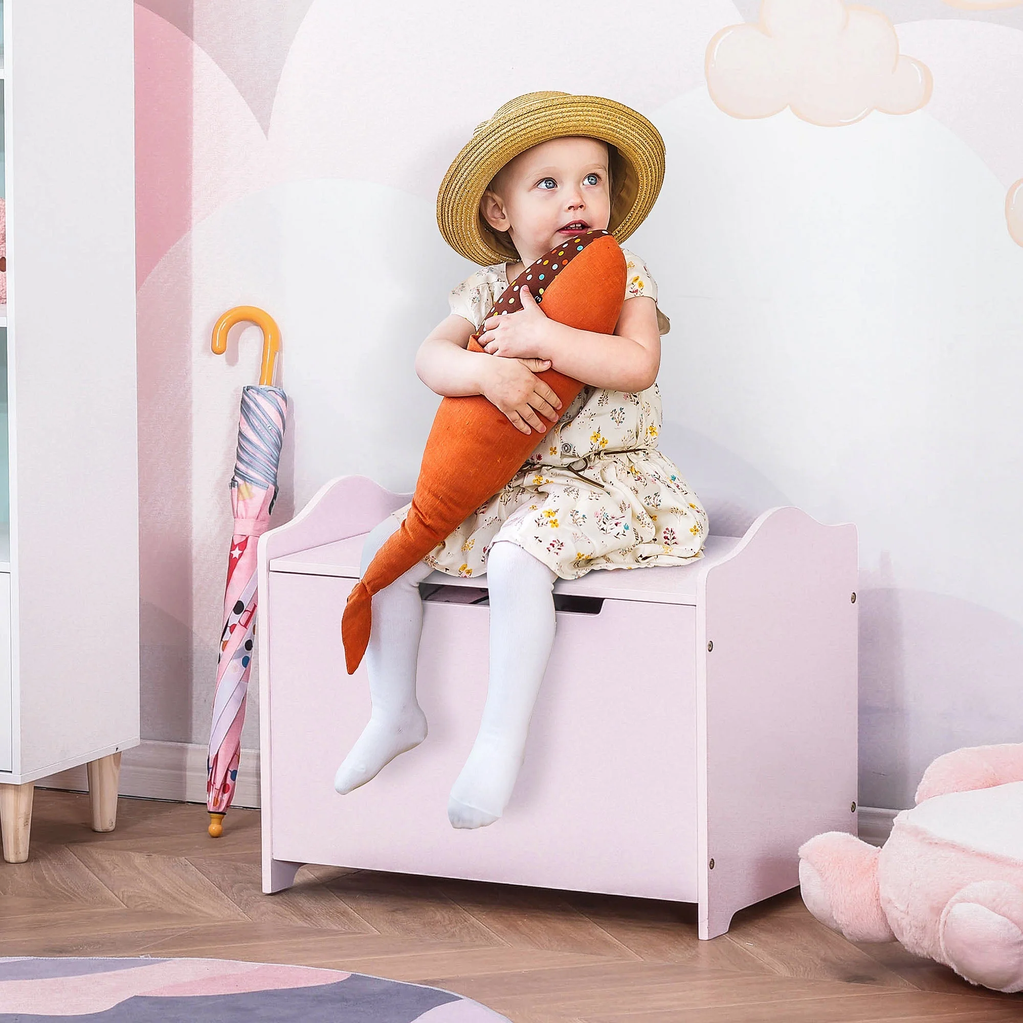 Wooden Kids Toy Box Children Storage Organizer Chest Safety Hinge Playroom Furniture Pink - Image 2