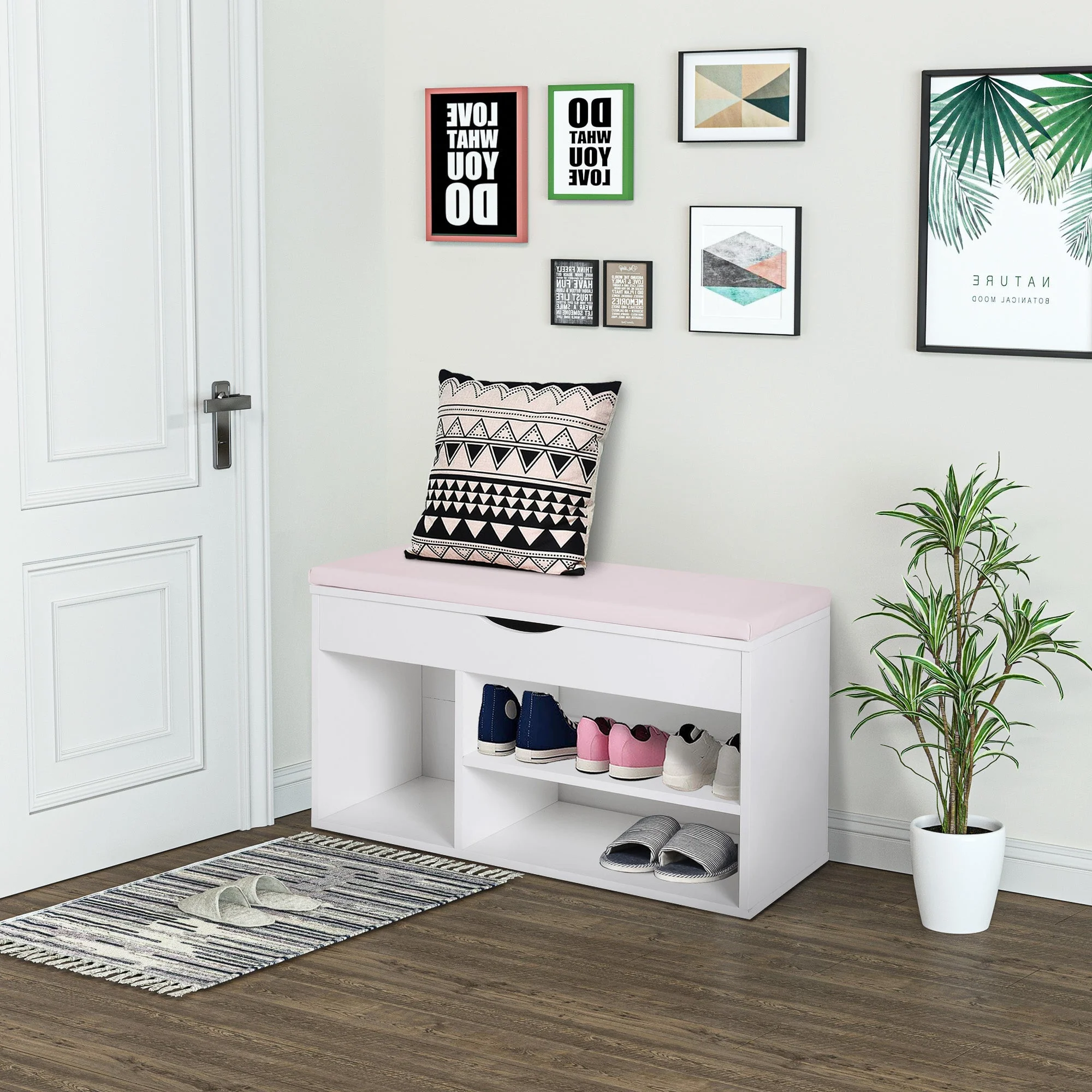 Wooden Shoes Cabinet Bench Hidden Storage Padded Seat Organiser Footwear Rack Hallway White Pink 80 x 30 x 47 cm - Image 2