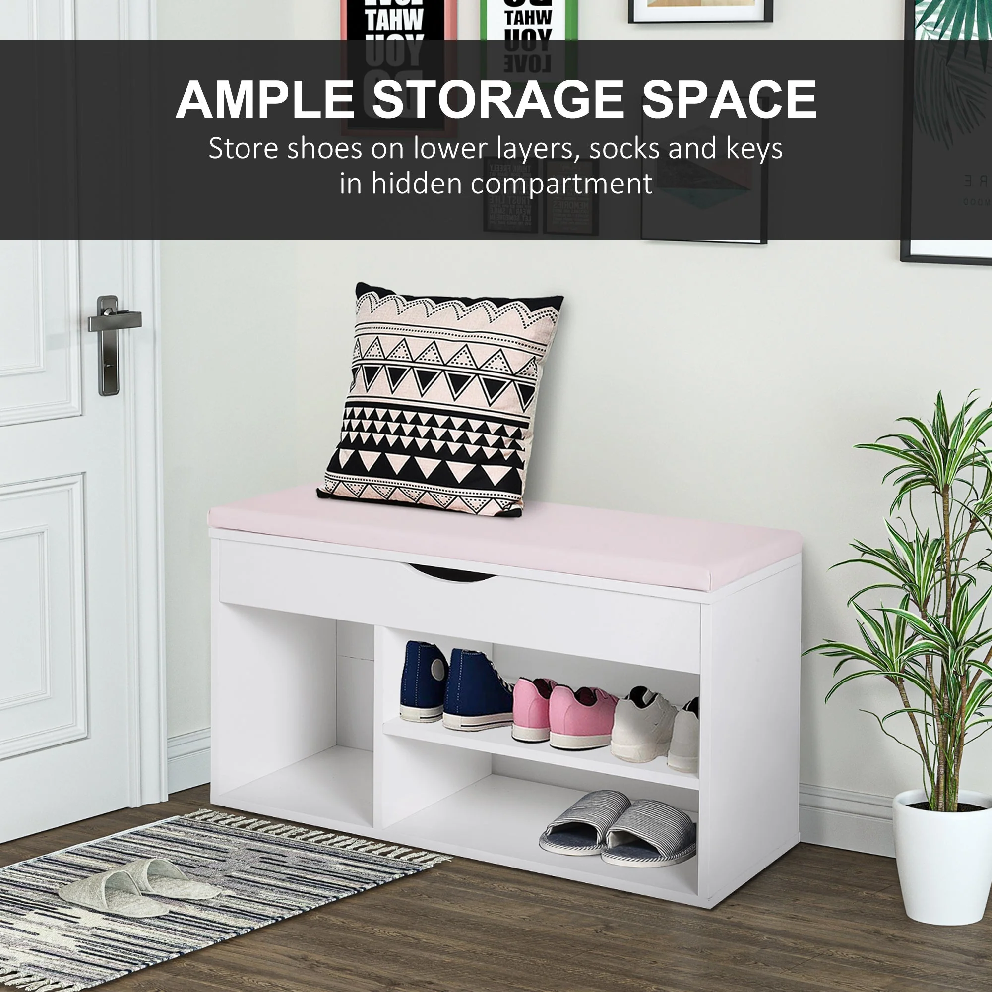 Wooden Shoes Cabinet Bench Hidden Storage Padded Seat Organiser Footwear Rack Hallway White Pink 80 x 30 x 47 cm - Image 5