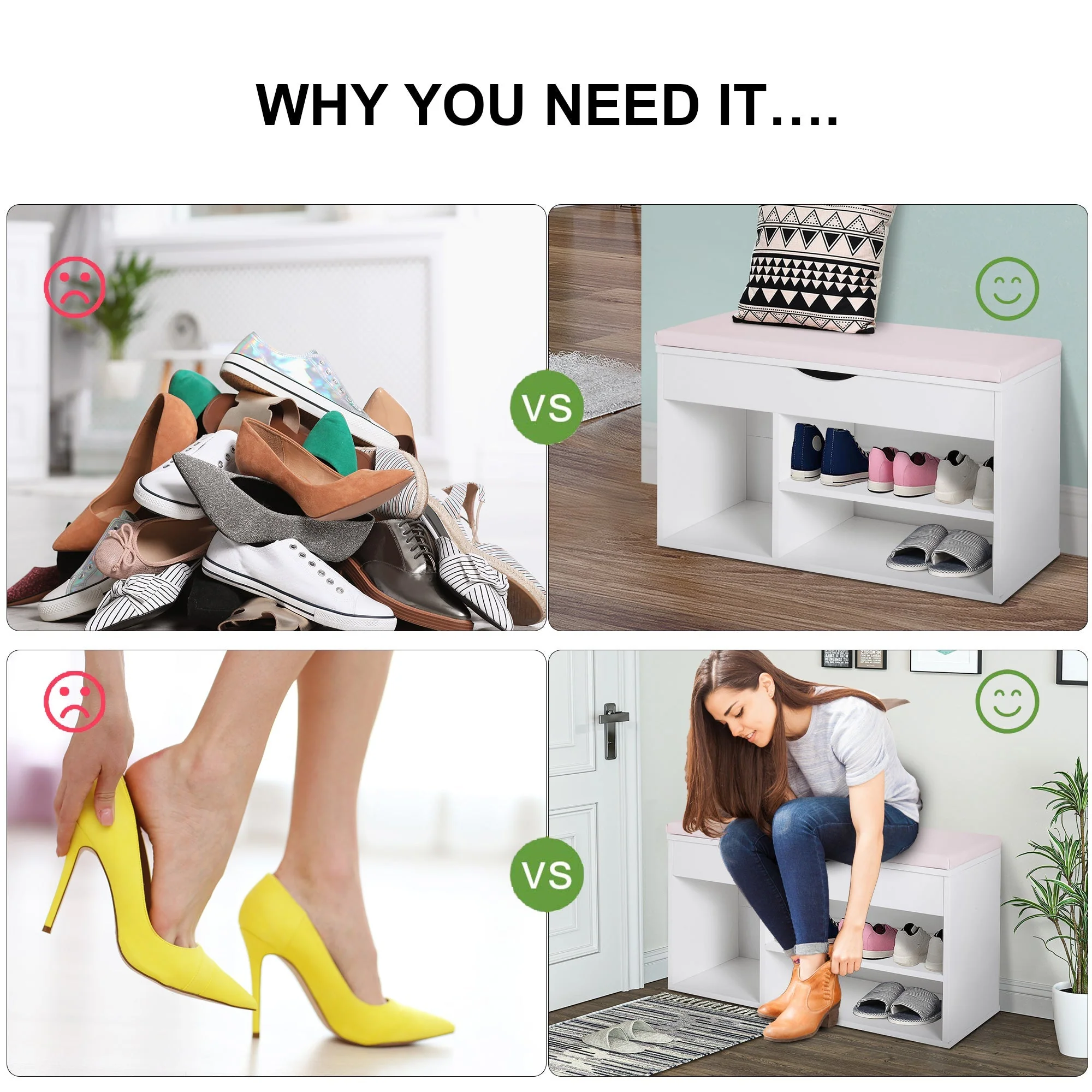Wooden Shoes Cabinet Bench Hidden Storage Padded Seat Organiser Footwear Rack Hallway White Pink 80 x 30 x 47 cm - Image 7