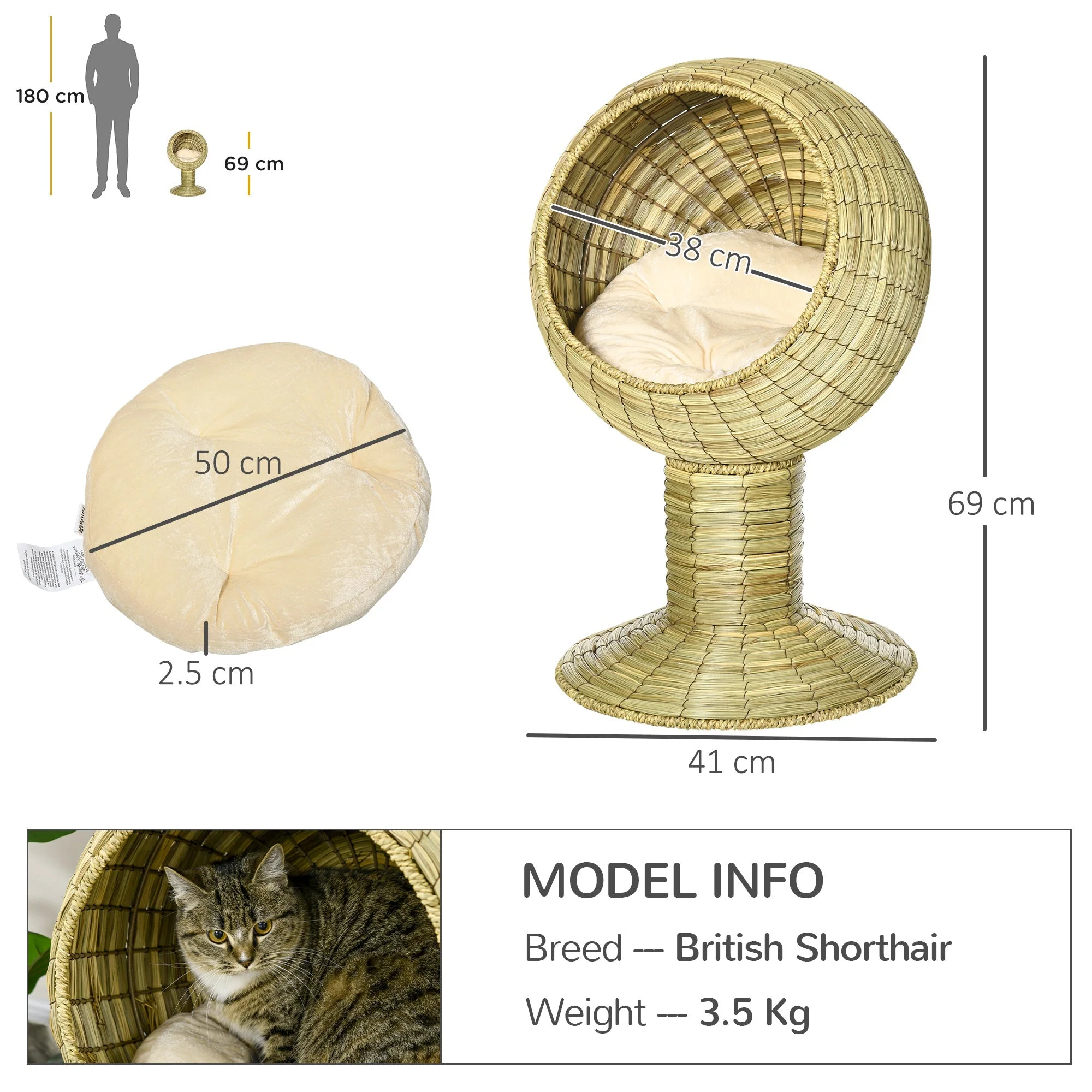 Woven 41 x 41cm Cat Bed Cyclindrical Elevated Tower by Pawhut - Image 5